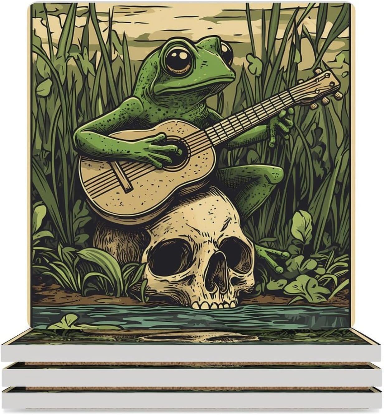 Frog Playing Banjo on Skull Ceramic Coasters Set Square Drink Coasters Table Coaster for Kitchen Desktop Decor