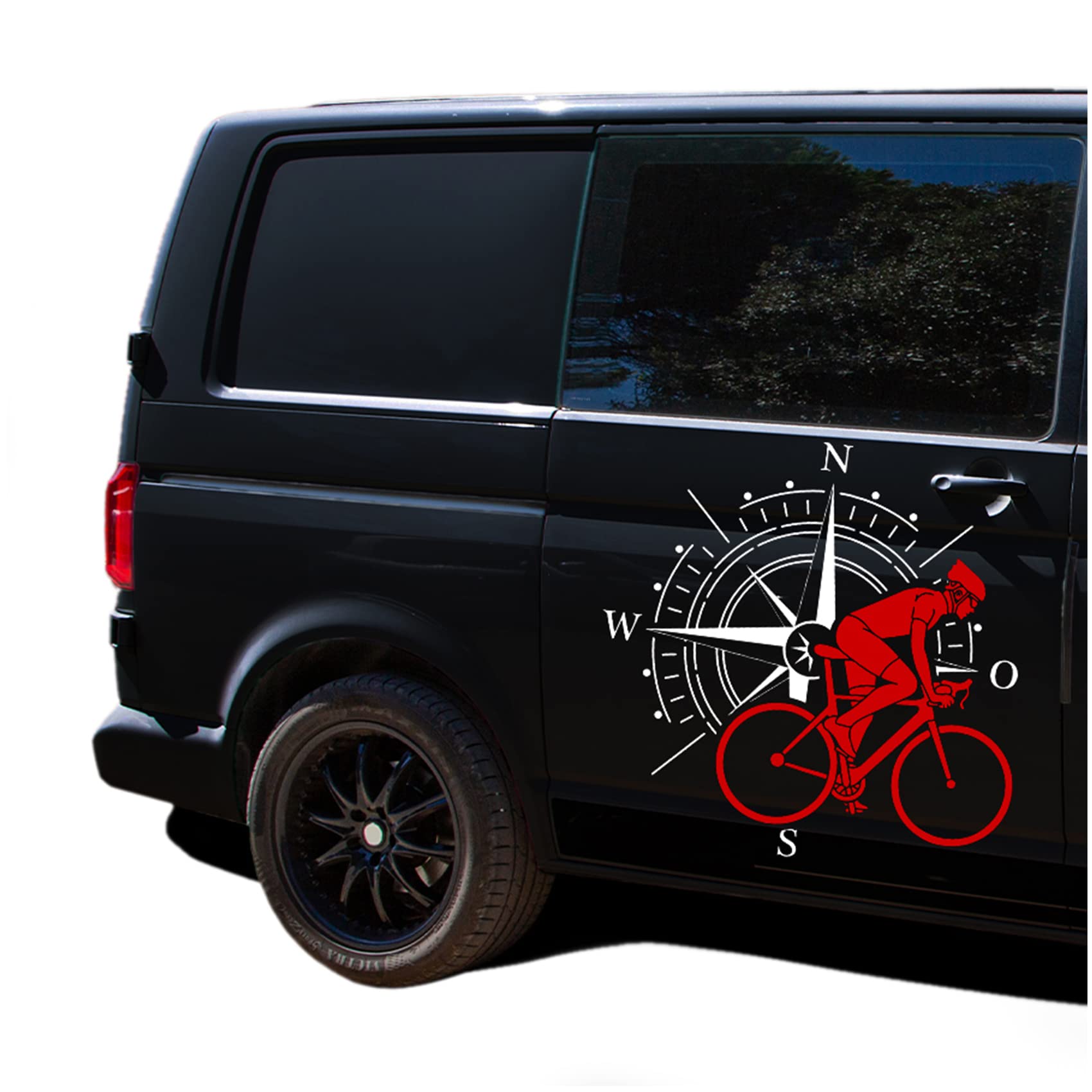 Autoaufkleber Kompass Sport Bike 61x60cm Windrose Sticker Folie für Auto Wohnwagen Anhänger Aufkleber Selbstklebend Kfz Zubehör KX072 KX073 (Kompass weiß, Fahrrad Rot)