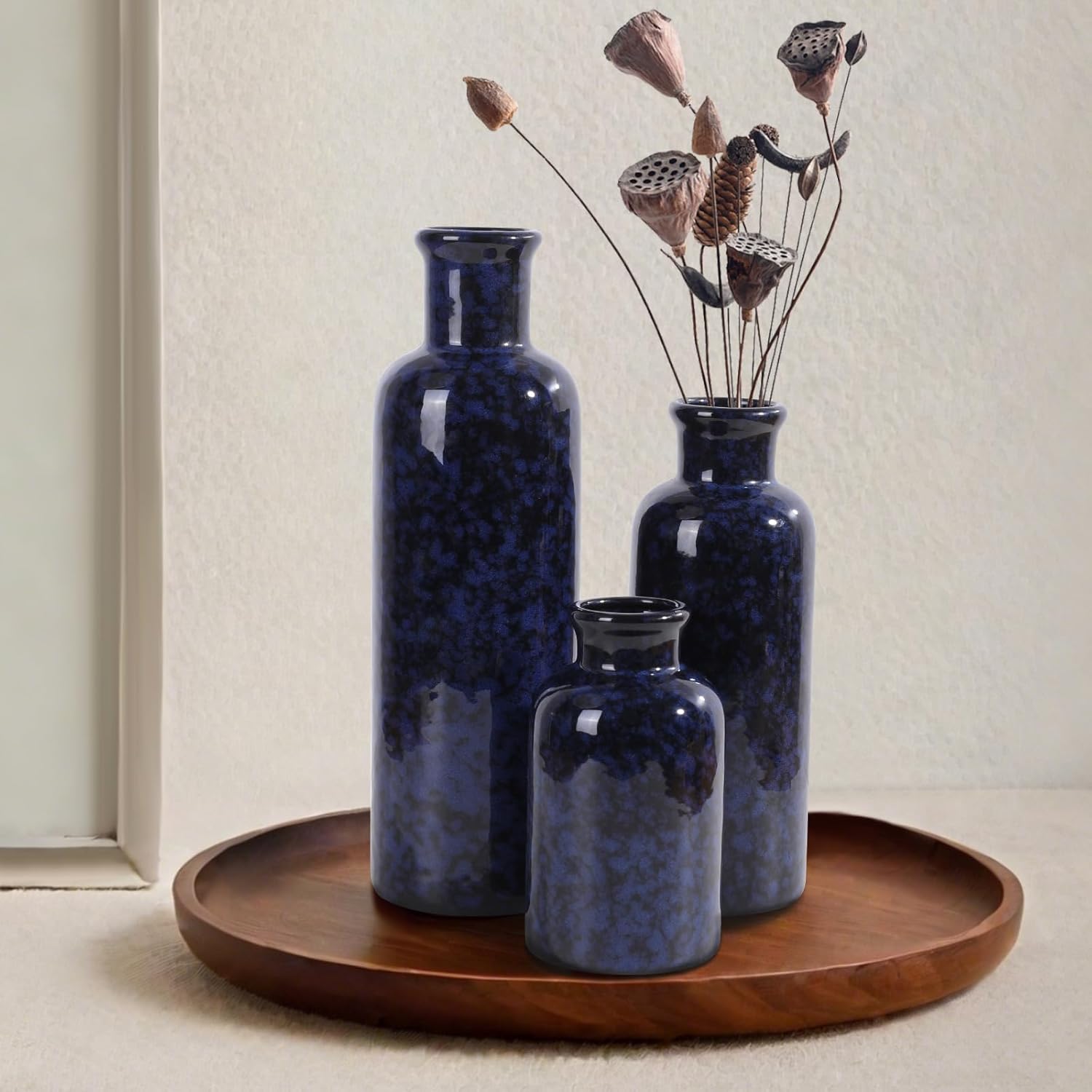 Small Blue Ceramic Vase Set of 3, Boho Modern Flower Vase Room Decor, Farmhouse Decor, Vases for Your Kitchen, Bathroom, Bedroom, Living Room, Office&Shelf Centerpiece Table Decorations - Image 6