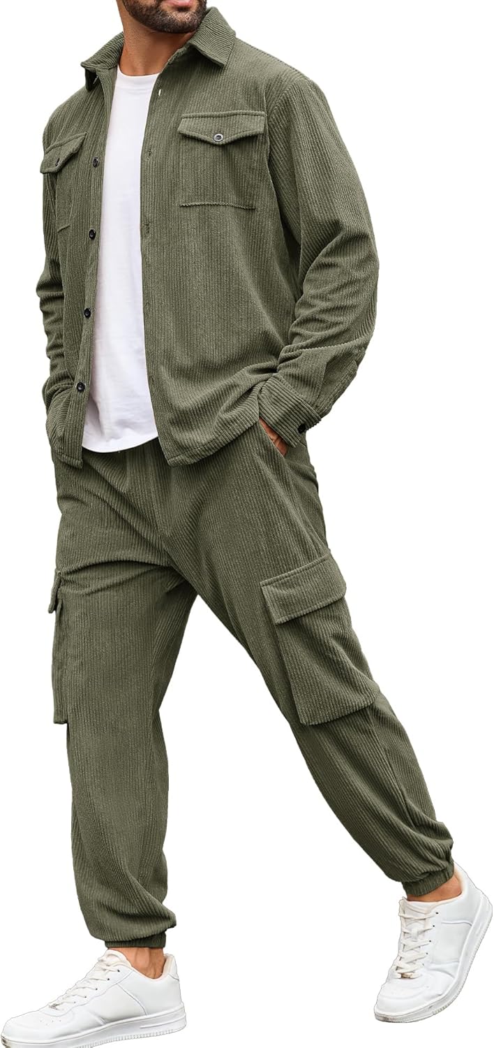 LecGee Men’s 2 Piece Corduroy Outfits Long Sleeve Corduroy Shirt Jacket and Corduroy Cargo Pants Fall Winter Tracksuit Set