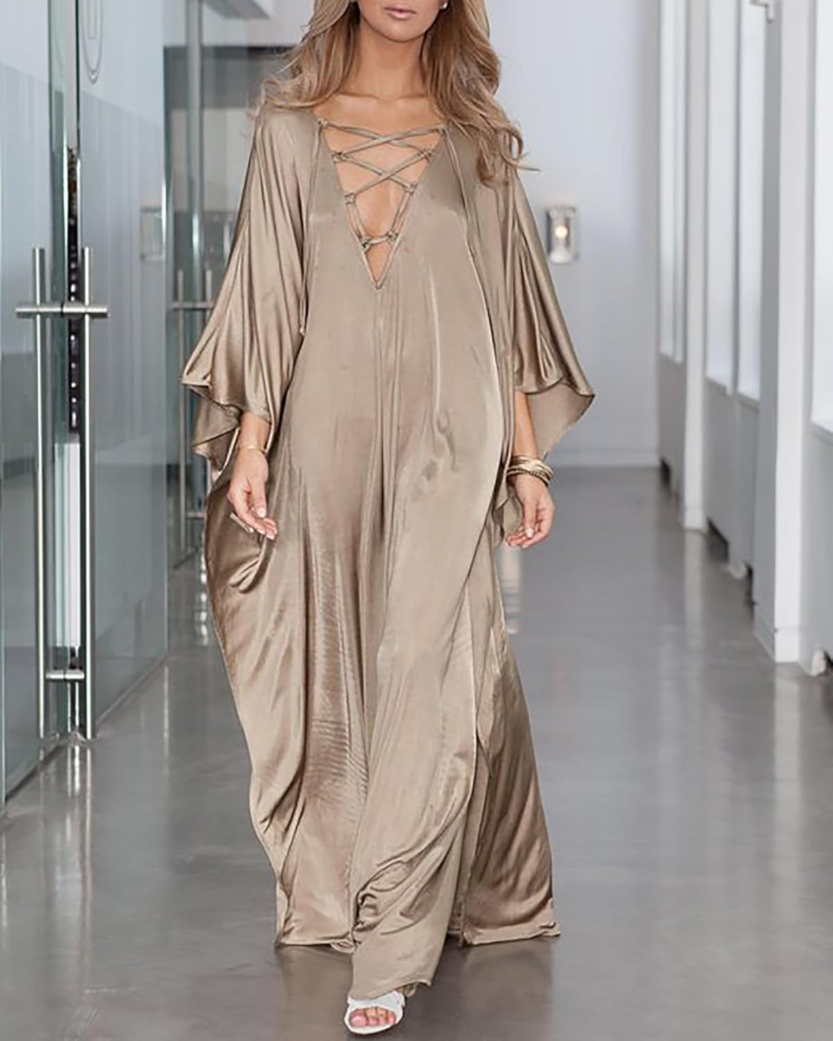 Bsubseach 2026 Long Kaftan Dresses Muumuu Plus Size V Neck Vintage Caftan Coverup Sexy Satin Dress - Image 2