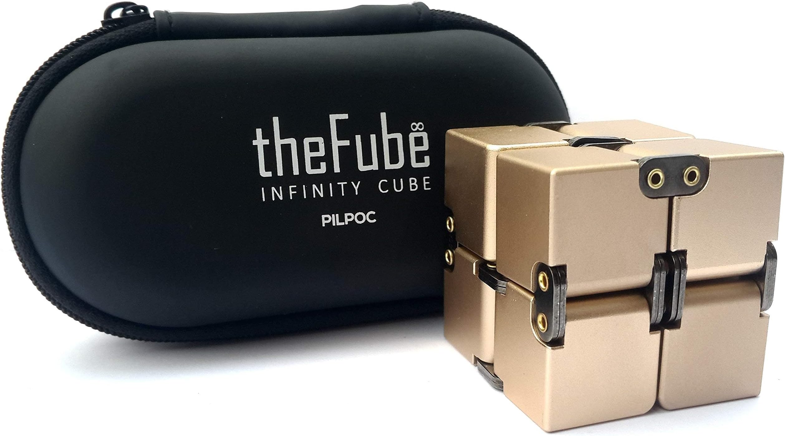PILPOC theFube Infinity Cube Fidget Cube Desk Toy - Premium Quality Aluminum Infinite Magic Cube with Exclusive Case, Sturdy, Heavy, Relieve Stress and Anxiety, for ADD, ADHD, OCD (Gold) 141