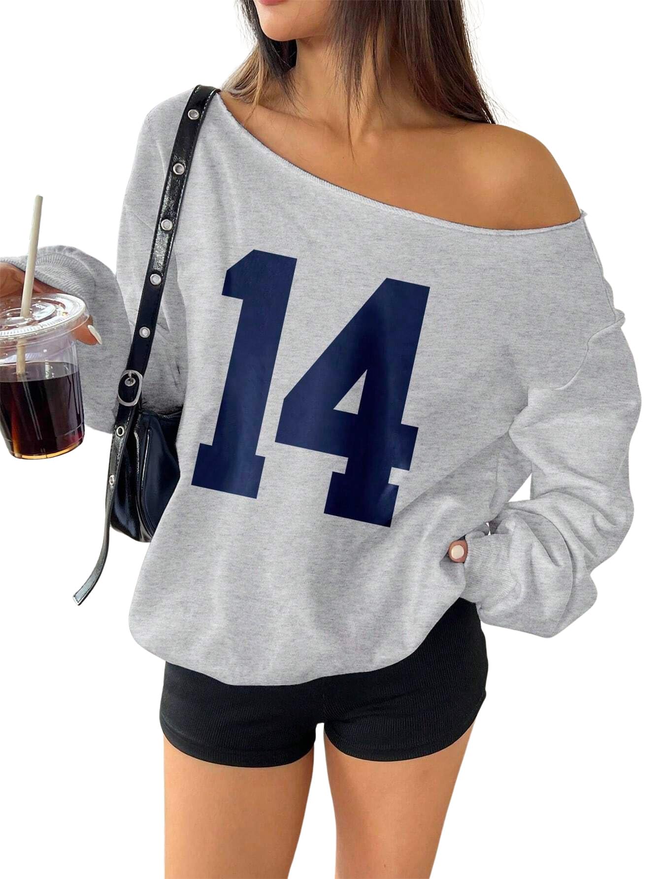 Women's Off-Shoulder Number 14 Graphic Sweatshirt, Grey and Navy Blue, Casual Style
