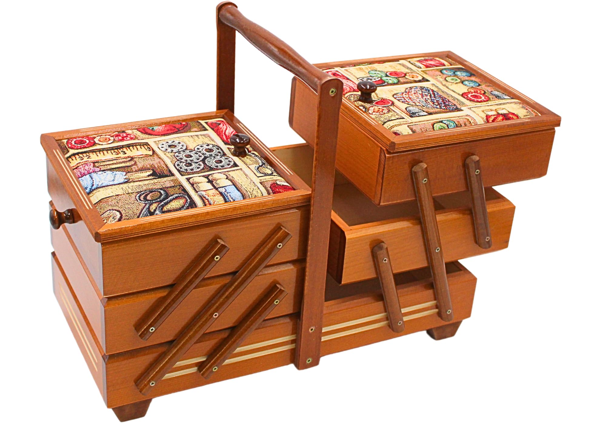 Boîte à couture de qualité supérieure en bois plaqué avec 7 compartiments et housse en tissu - Motif aiguilles en acajou - Dimensions (L x l x H) : 42 x 20 x 21 cm