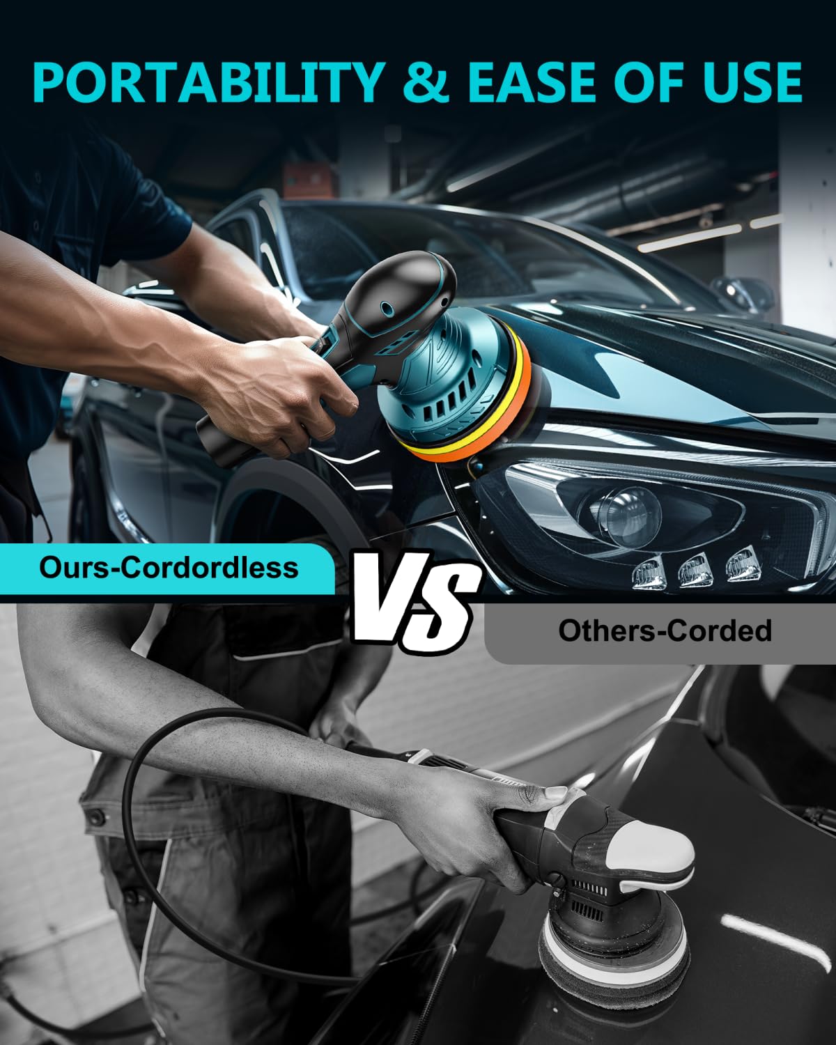 Cordless Car Buffer Polisher Kit - 6 Inch Dual Action Random Polishing Wax Machine for Car Detailing,2Pcs 2000mah Batteries,6 Variable Speed 2500-5000RPM,Orbital Polisher for Car Boat Polishing Waxing