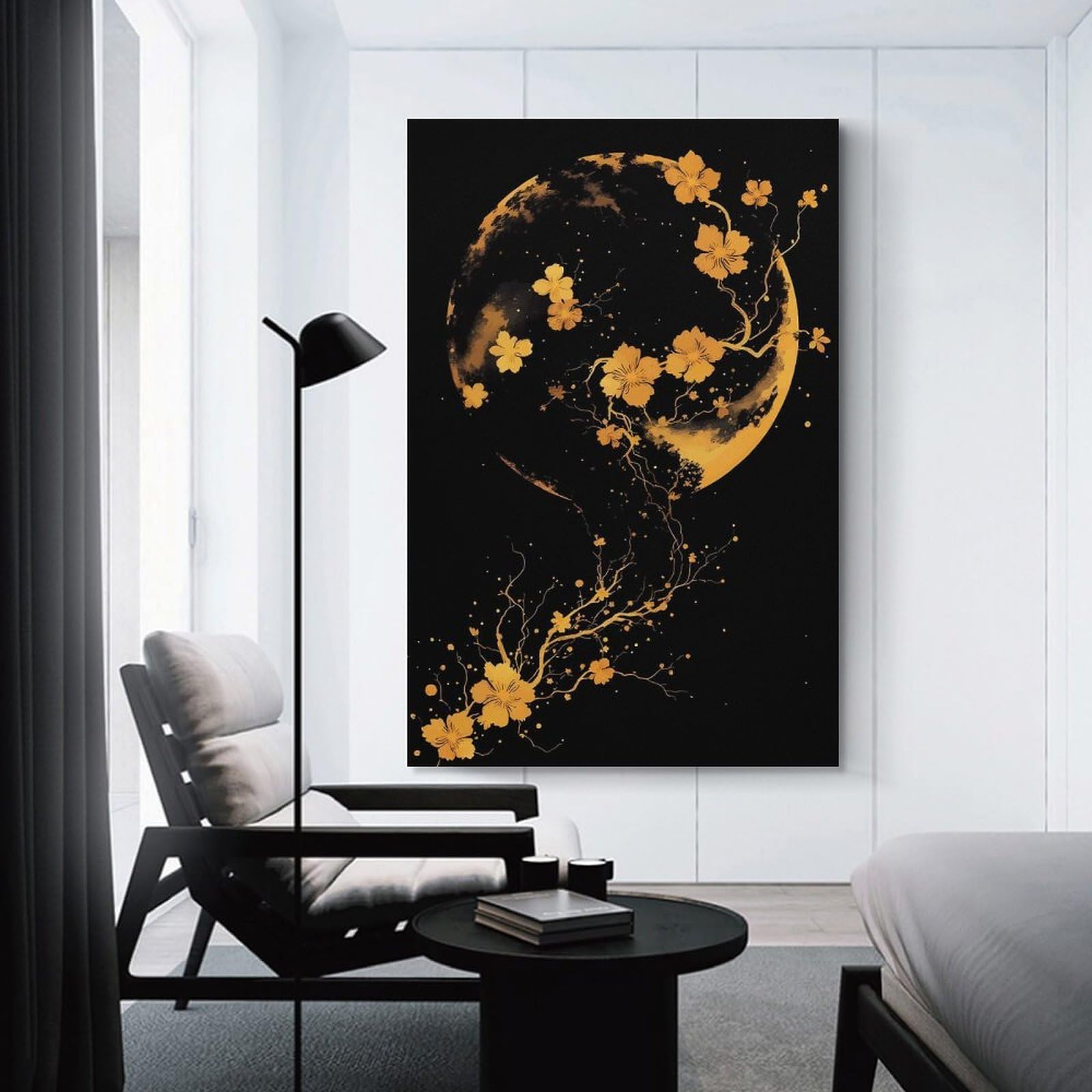 Junmoney Golden Cherry Blossoms on A Dark Background Room Decor Wall Art, 24x36inch(60x90cm), for Hallway, Lounge Or Guest Room, Gift Idea for Housewarming And Birthdays