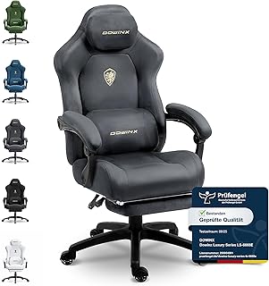 Dowinx Gaming Stuhl Ergonomisch mit Verstellbarem Massage-Lendenkissen, Mikrofaser-Velours, Dickes Sitzpolster, Ausziehbarer Fußstütze, Armlehnen Verstellbar, 160° Neigbar, Hellgrau