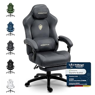 Dowinx Gaming Stuhl Ergonomisch mit Verstellbarem Lendenkissen, Mikrofaser-Velours, Dickes Sitzpolster, Ausziehbarer Fußstütze, Armlehnen Verstellbar, 160° Neigbar, Hellgrau - Amazon product rated Grade A