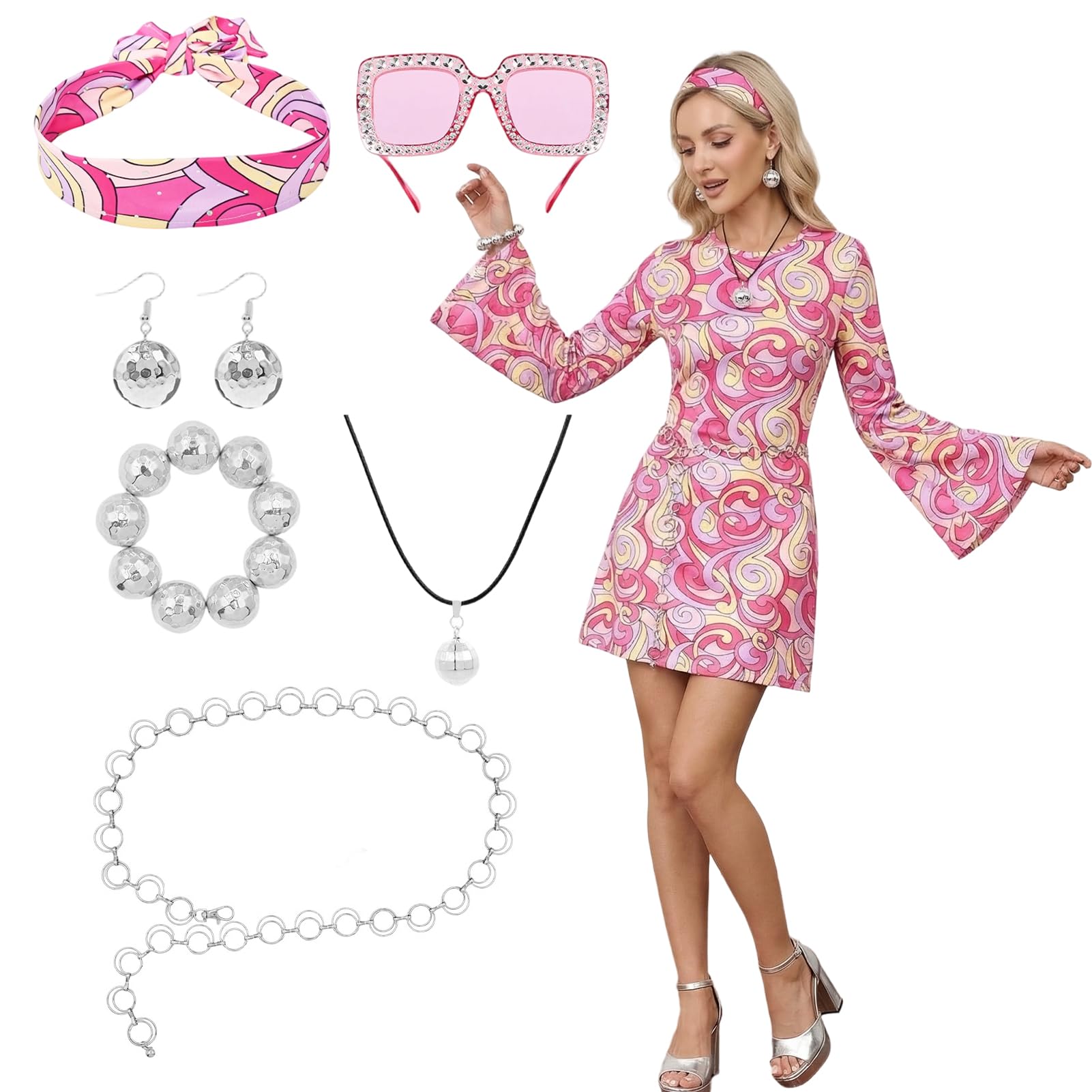 Raveparty 70s Disco Dress Set with Headband Earrings Glasses Bracelet Necklace Waist Chain, 70s Fancy Dress Women for Retro Hippie Disco Party (Pink, XL)