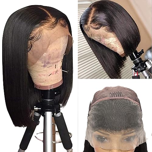 SUPERLOOK Peluca Bob de 10 pulgadas de cabello humano lacio de 13 x 4 pulgadas con encaje frontal de 180 de densidad pelucas Bob lacio 15 A para