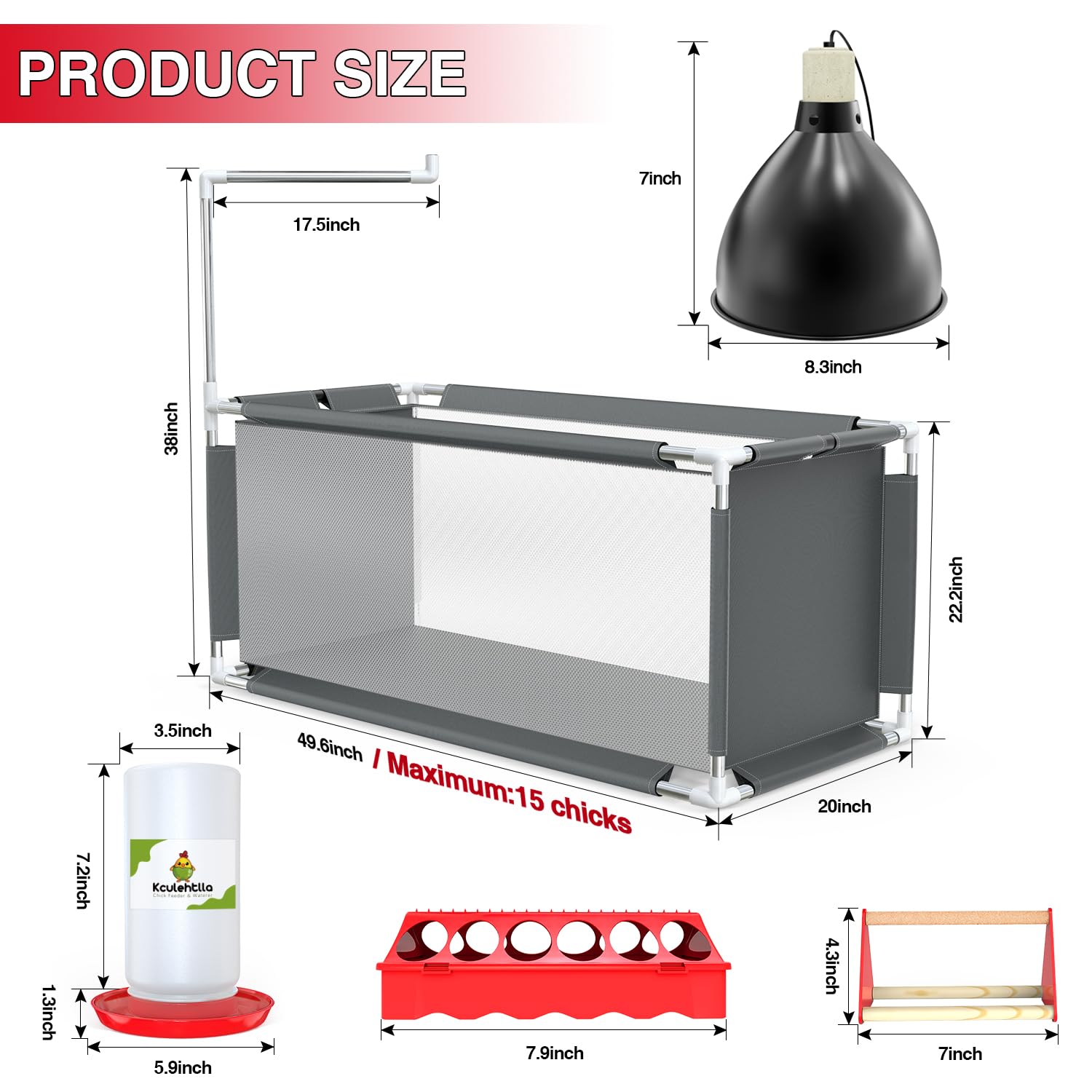 Kit de iniciación de caja de cría de pollo, 10.6 pies ³ para pollitos, patitos y codornices, marco de acero inoxidable, Oxford impermeable, lámpara de calor de 75 W, comedero, bebedero y perca, 47.2 x