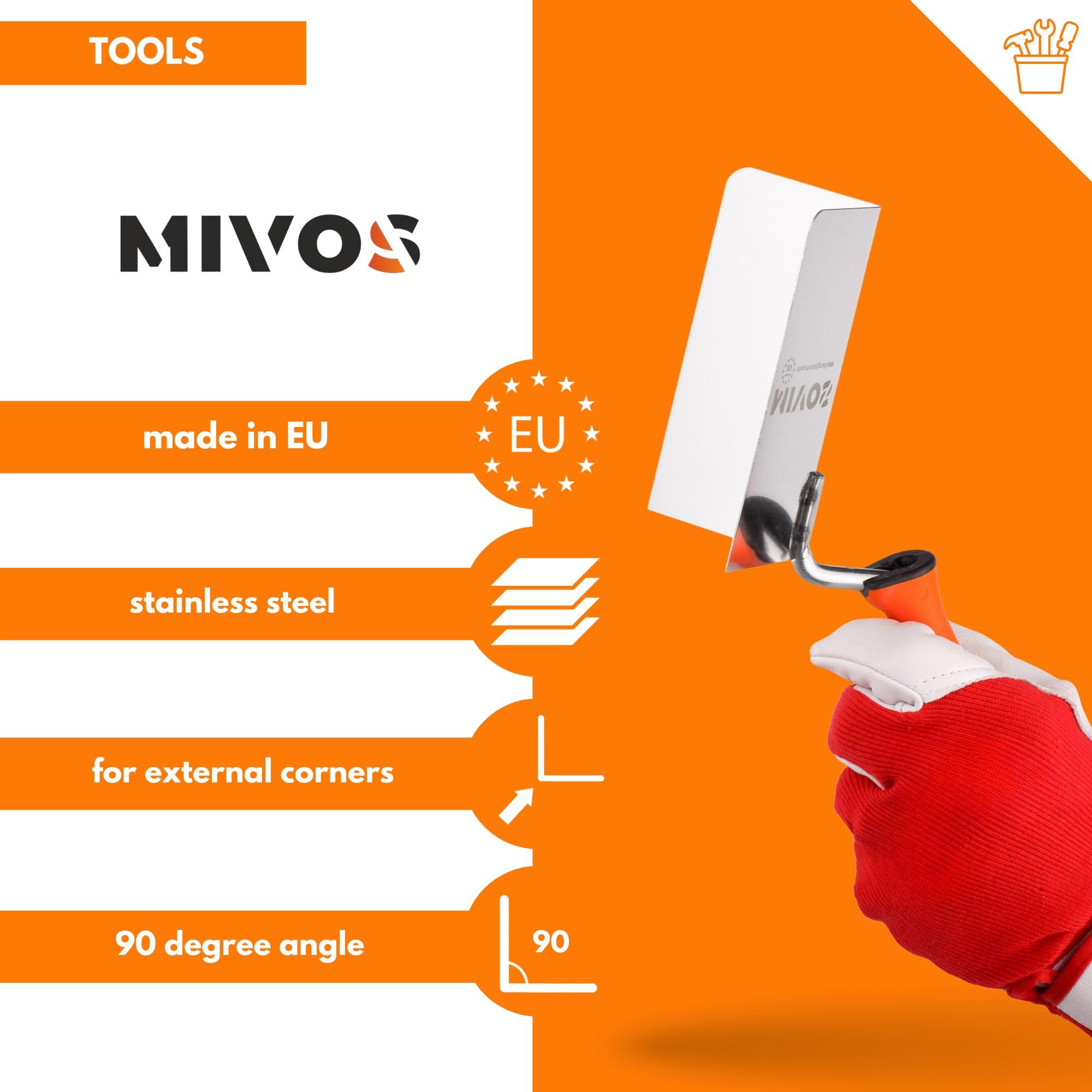 Mivos Stainless Steel Outer Corner Trowel 120 x 60 mm, Corner Trowel Rustproof, Outside Edge Trowel with Soft Grip - Image 2