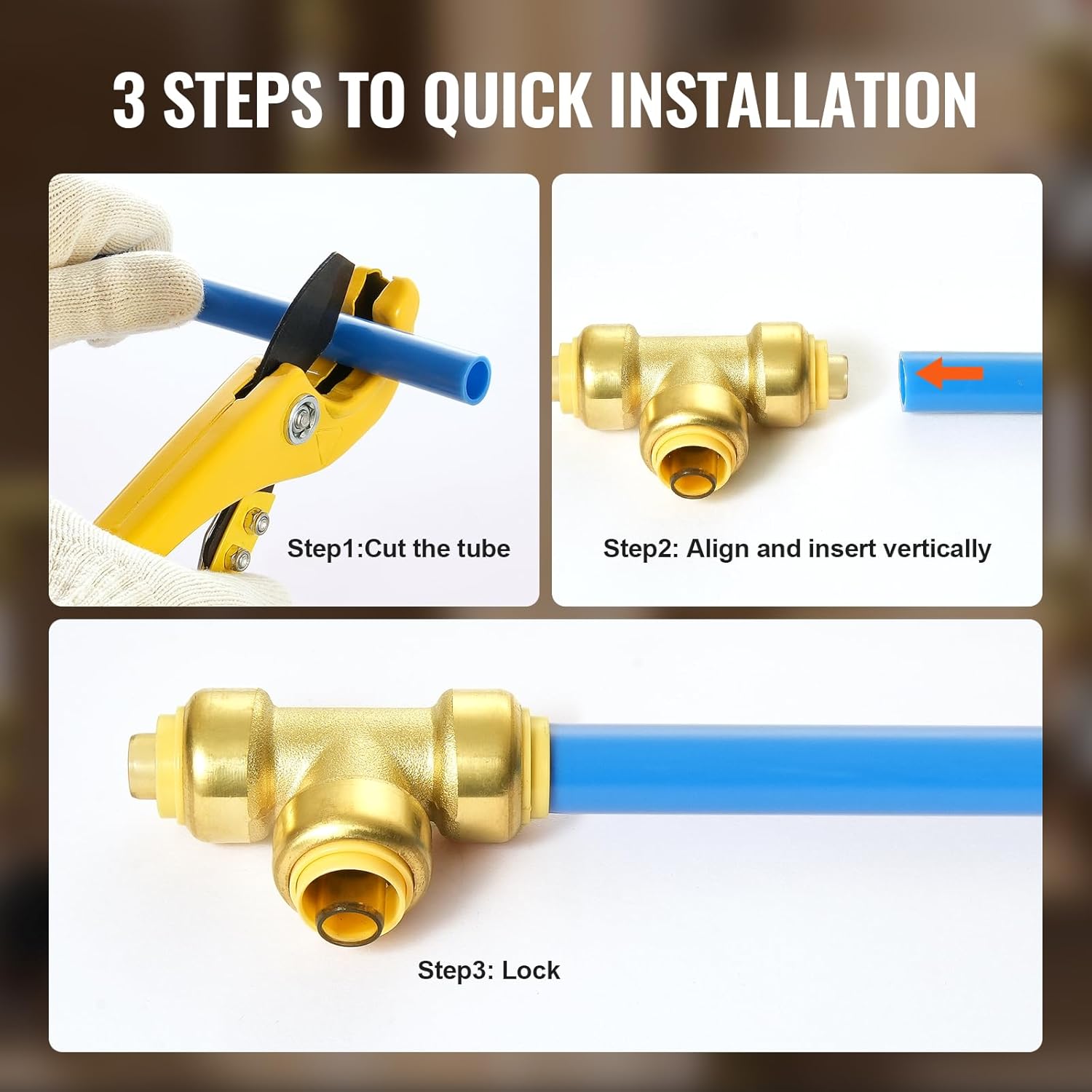VEVOR Pipe Fittings, 1/2" 12PCS Tee Brass Pipe Fittings, Push-Fit Pipe Connector Brass Air Fittings, Heavy Duty Plumbing Fittings Adapter for Heating/Shower Systems, Water Pipes