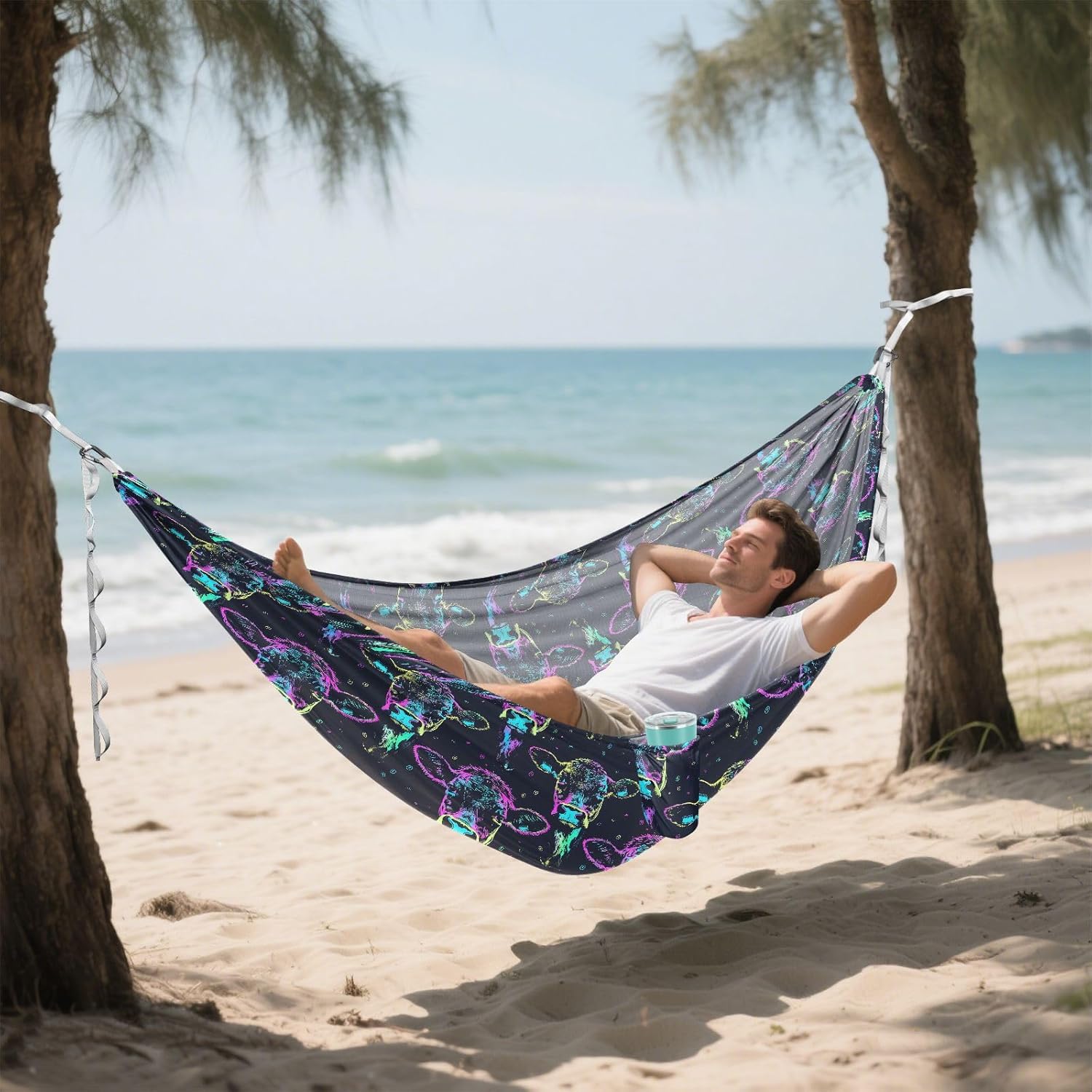 ALAZA Neon Cow Portrait Print Camping Hammocks Single or 2 Person 500 lbs Portable Parachute Travel Hammock w/Tree Straps for Hiking Backpacking Indoor Outdoor