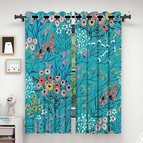 Cortinas florales turquesa para habitación opacas, decoración superior con ojales, manta de puerta insonorizada, decoración oscura de habitación, 72
