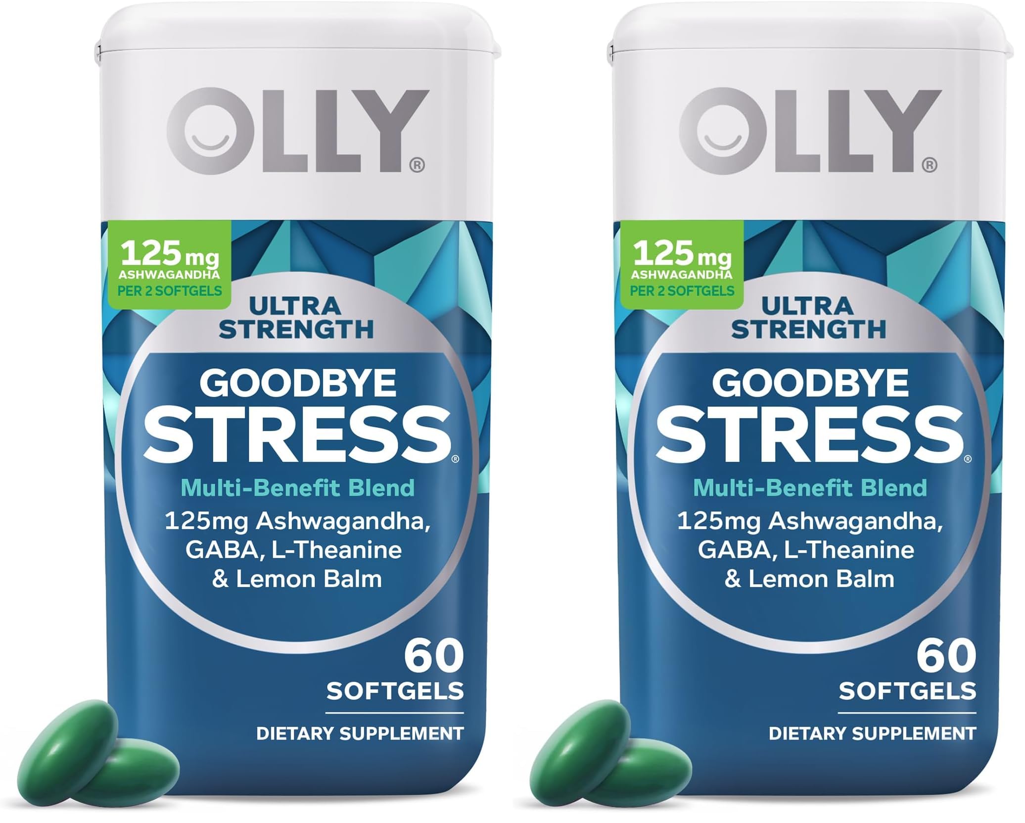 OLLY Ultra Strength Goodbye Stress Softgels, GABA, Ashwagandha, L-Theanine and Lemon Balm, Stress Relief Supplement - 60 Count (Pack of 2)