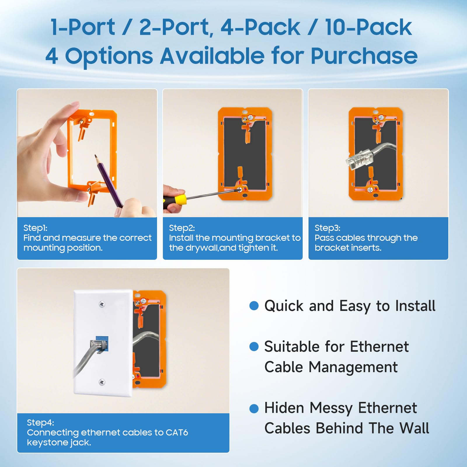 Confezione da 10 prese Ethernet a muro, 1 porta Cat6 RJ45 Keystone Jack con staffa di montaggio a bassa tensione a banda singola, piastra a parete Ethernet, accoppiatore blu femmina a femmina