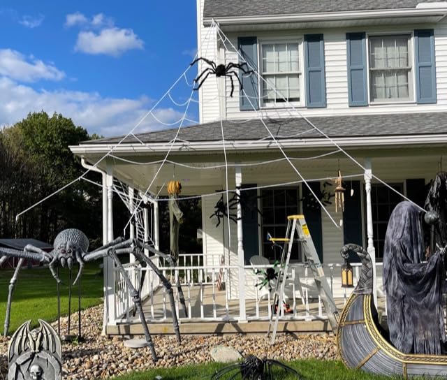 HOOJO 16 FT Halloween Spider Decorations Triangle Web with 2.5 FT Giant Spider 2 pcs, 20 pcs Small Spider for Outdoor, Indoor, Porch Decor, Tree, Lawn, Yard, Halloween Party