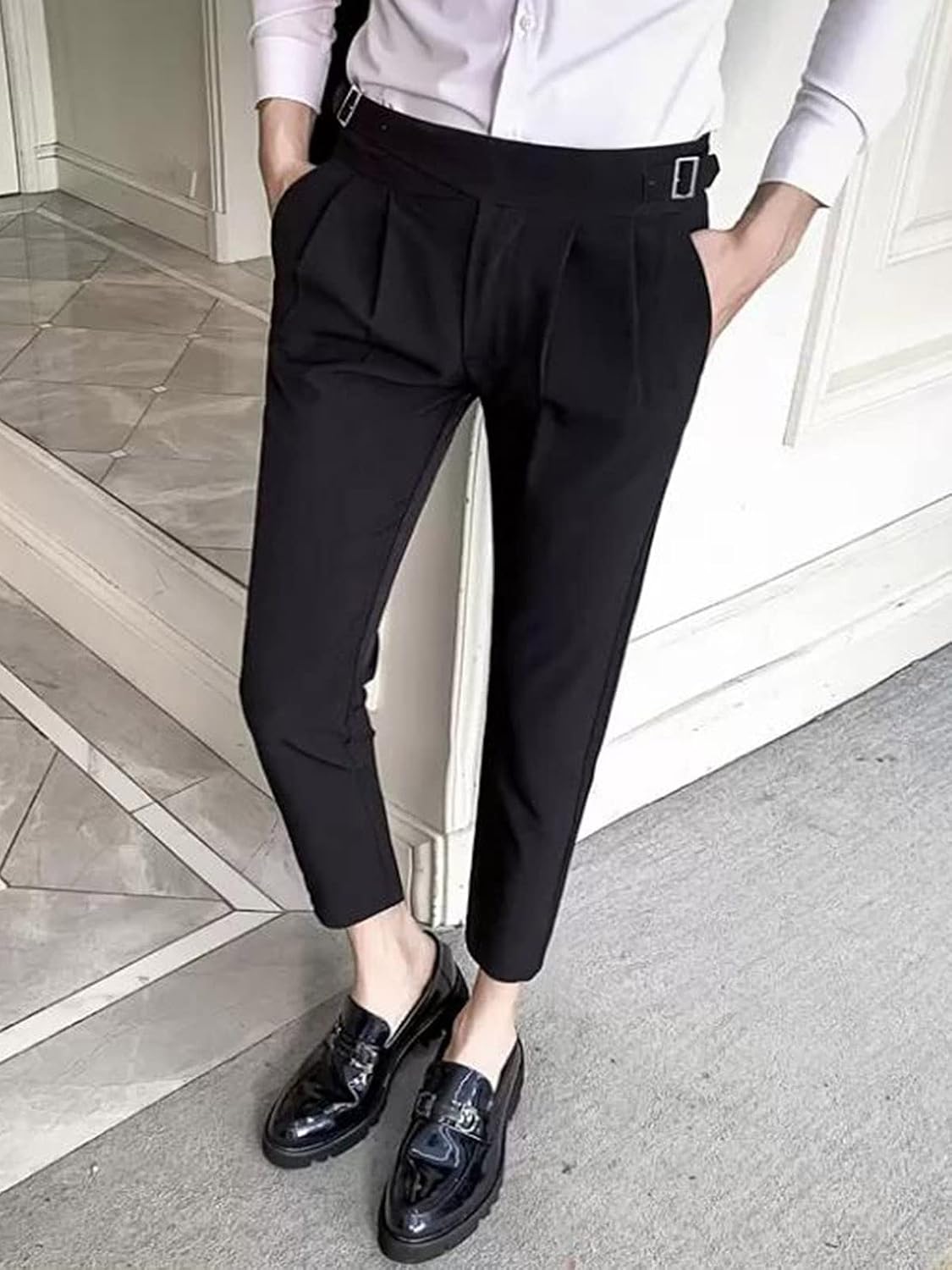 Men's Expandable Waist Pleated Suit Pants Slim Fit Business Stretch Dress Trousers