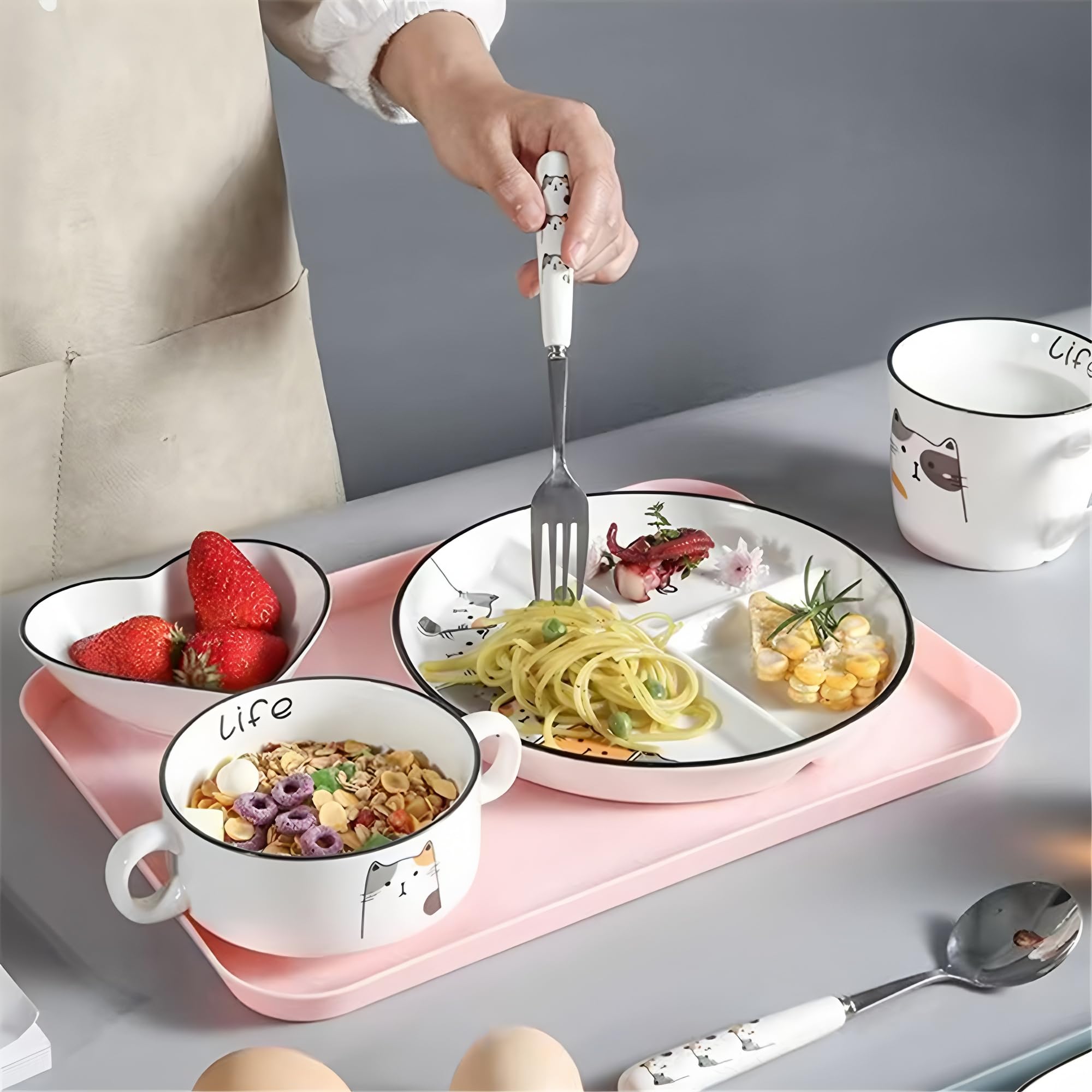Plato Dividido de Cerámica, Plato de Control de Porciones para Frutas, Ensaladas, Postres, Pasta y Filetes (Con Diseño de Gatos)