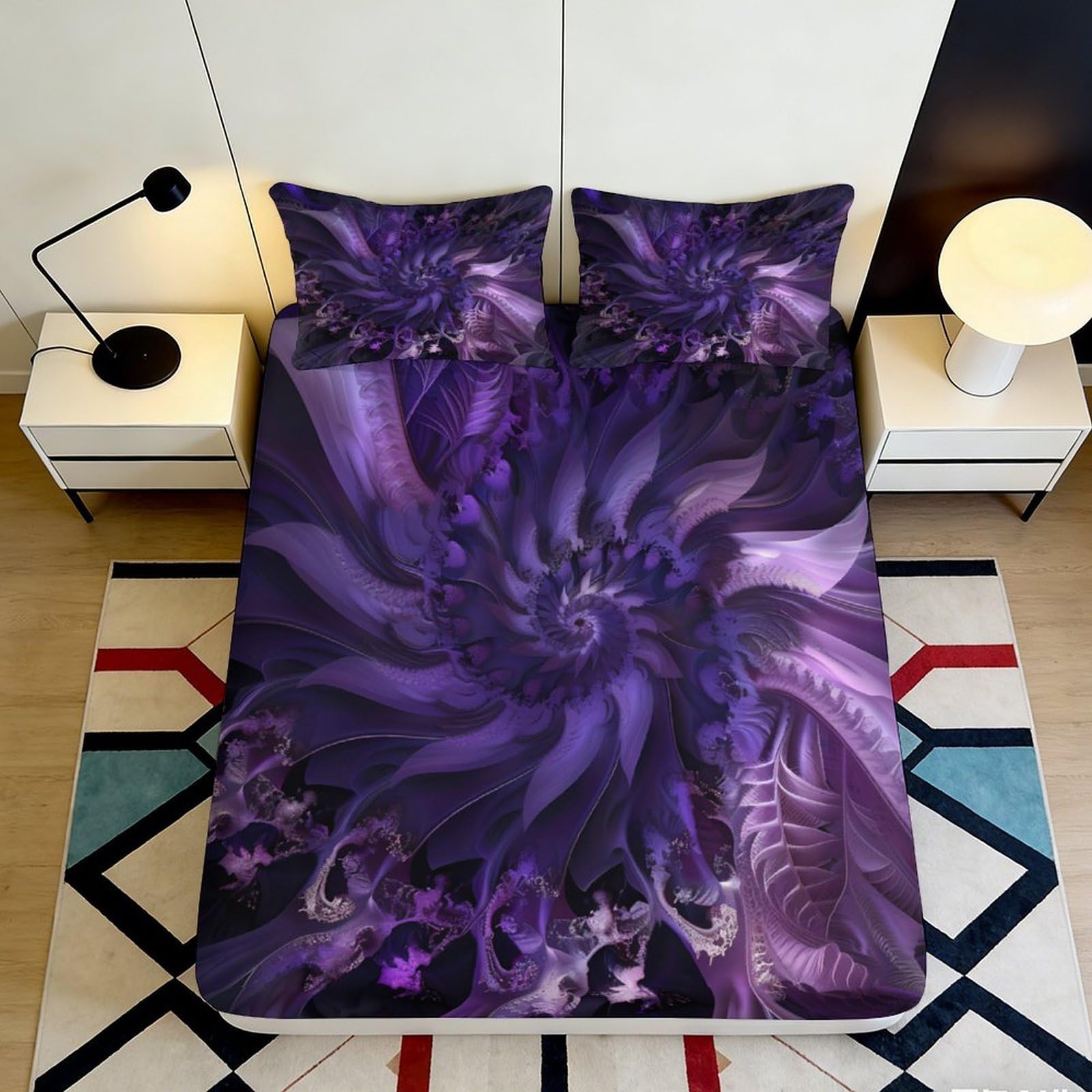 3D Printed Purple Fractal Flower Fitted Sheet Microfiber Soft Mattress Cover Artistic Bedding for Bedroom Dorm 120x200x25cm