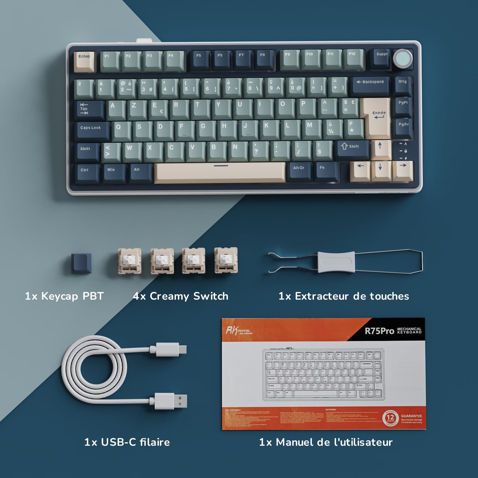 RK ROYAL KLUDGE R75 Clavier Gamer Tir Mode Gasket Mounted, sans Fil Mécanique RVB, AZERTY Français avec Knob, TKL 75% Hot Swap QMK/Via, PBT Keycaps, Creamy Switch