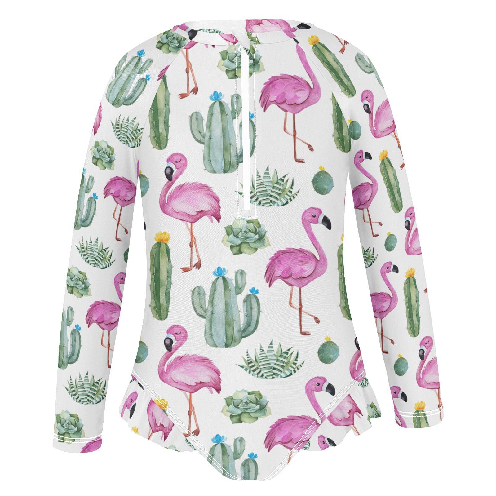 Ollabaky Baby Girls Long Sleeve Swimsuit Green Cactus Succulents Flowers Flamingos One Piece Bathing Suit Rash Guard UPF50+ Toddler Girl Swimwear, 4T