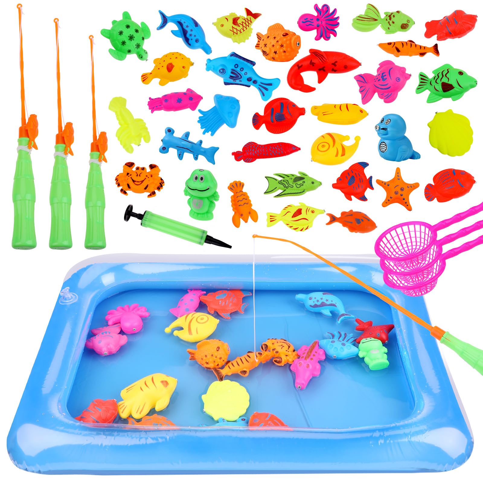 Tigvio Giocattoli da pesca, 42 pezzi, gioco da pesca magnetica, giocattolo acquatico per bambini, vasca gonfiabile, 3-6 anni, multicolore