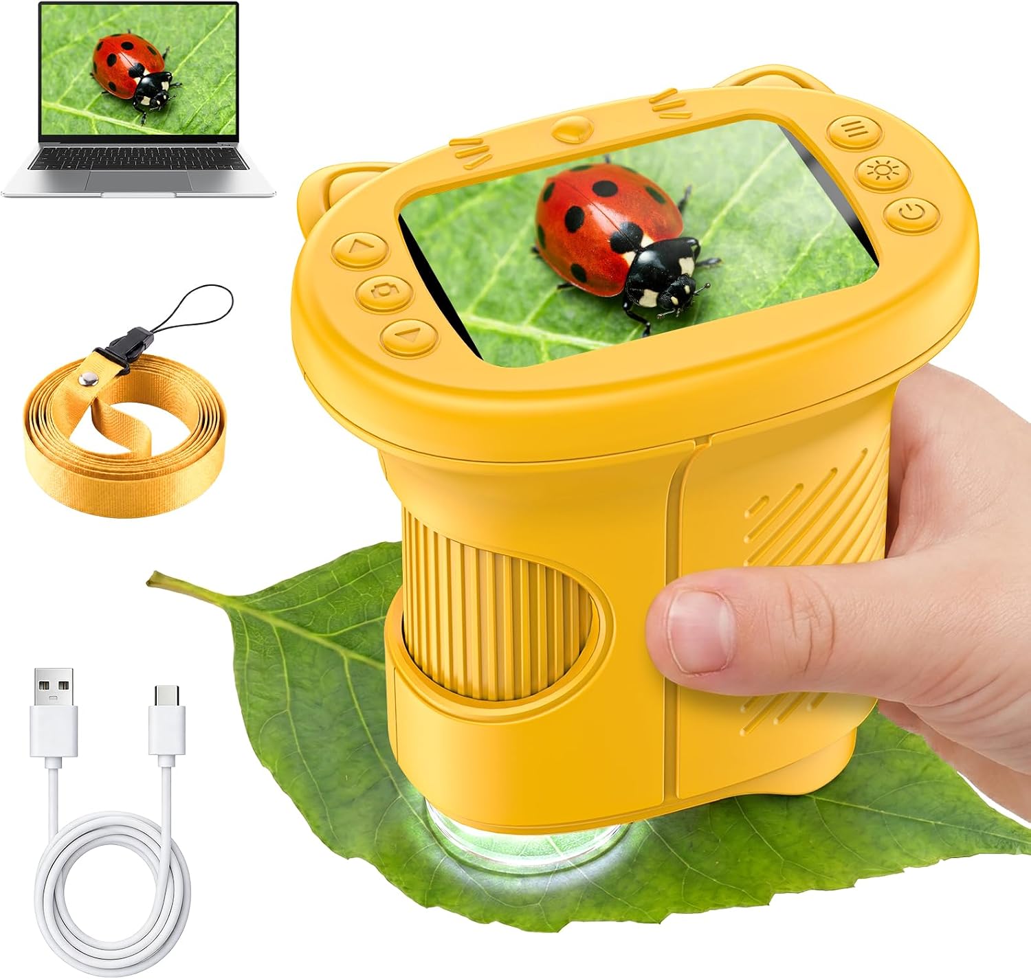 Alotwan Kids Microscope Handheld, Digital 1000X, 2.4" HD Screen | Pocket Size, Miniscope, Camera, Magnifying Glass, Outdoor Play, Science STEM Toys, Gifts for 3+ Ages, Yellow