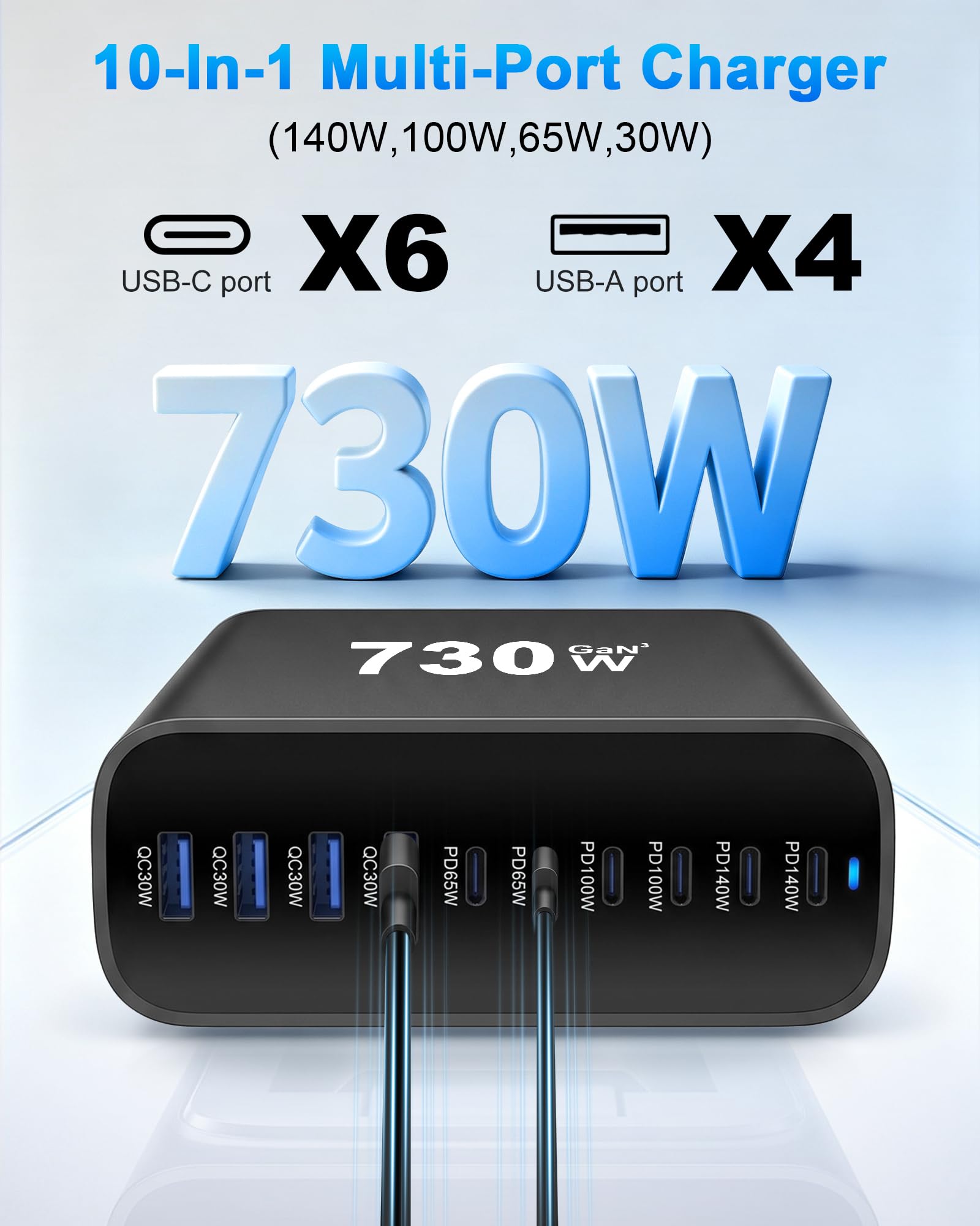 Caricabatterie USB C GaN 730W 10 porte PD 3.1 140W per PC portatile mobile