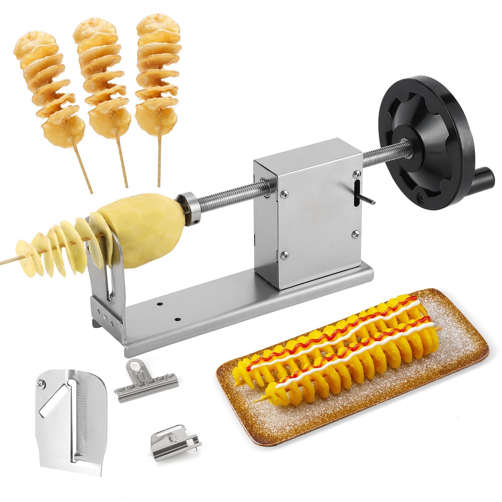 CWCQGH Potato Chip Machine, Multi-Functional Manual Spiral Cutter with Stainless Steel Blades, Hand-Cranking Cyclone Tower for Potatoes, Zucchini, and Cucumbers