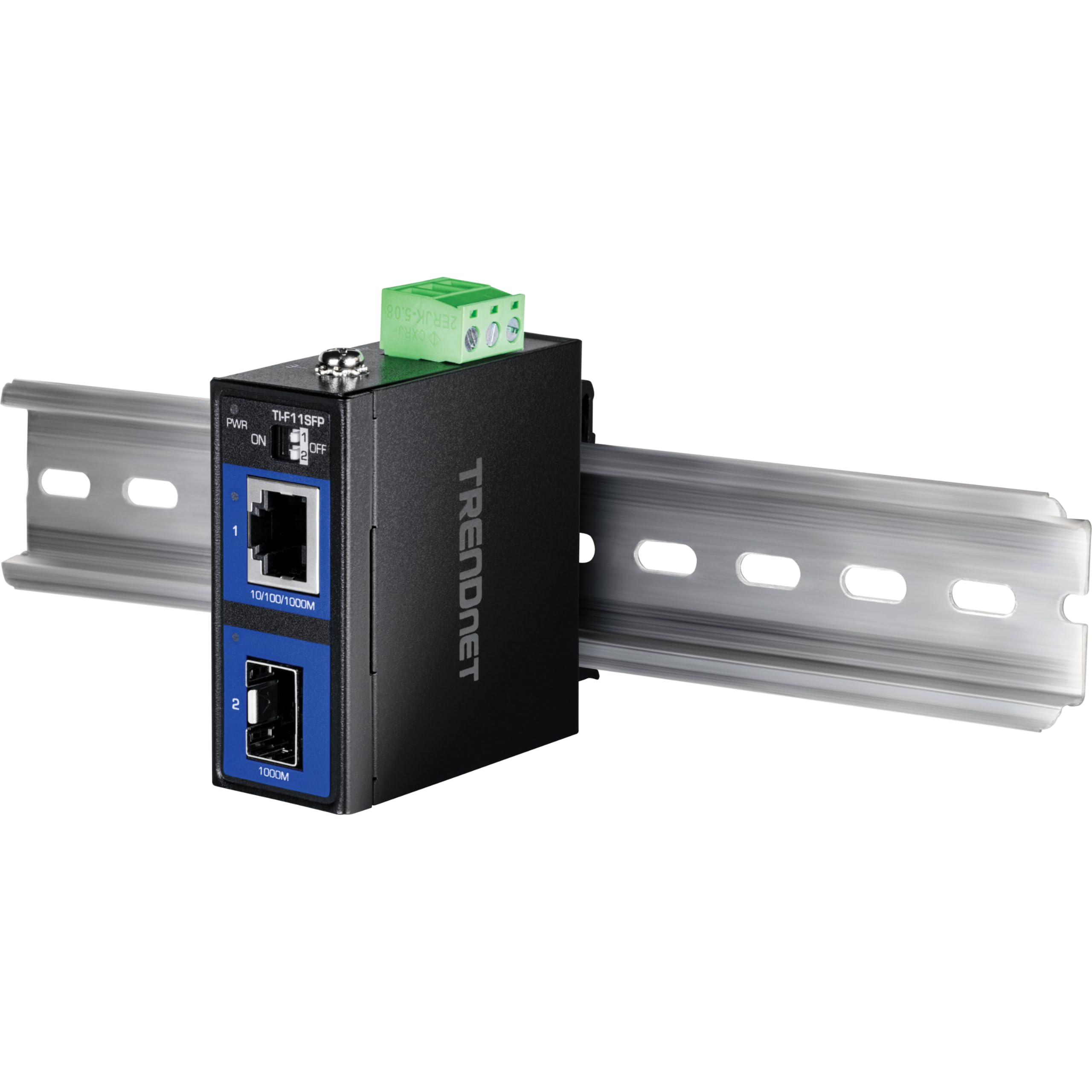 TRENDnet, TI-F11SFP, Convertitore multimediale industriale,100/1000Base-T per SFP, hardware di montaggio su guida DIN e a parete incluso, nero