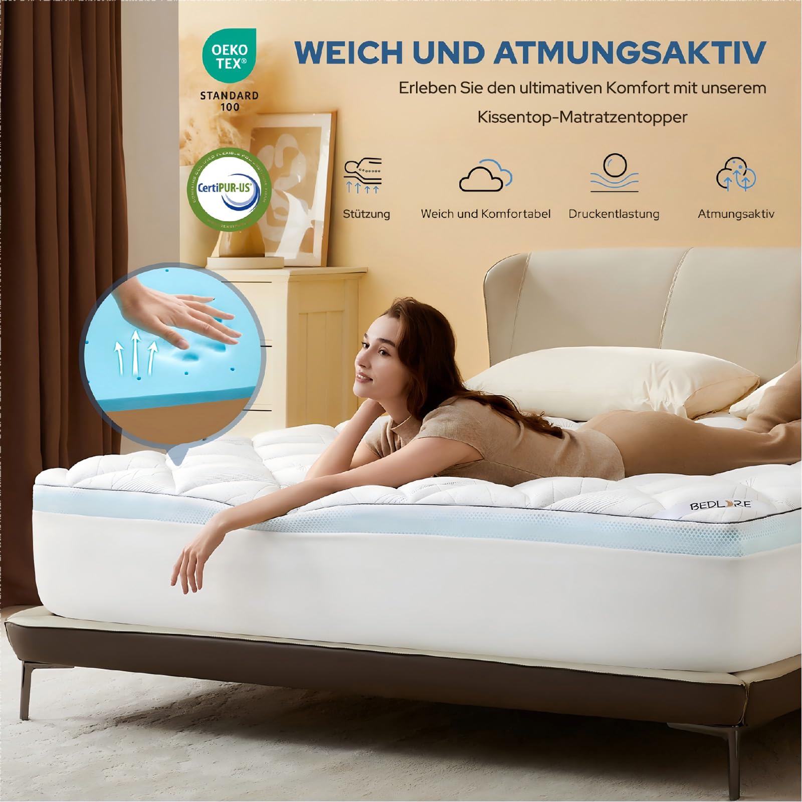 BEDLORE Matratzen Topper 140 × 200 cm, Matratzenschoner zur Linderung von Rückenschmerzen, kühlend und atmungsaktiv, maschinenwaschbar mit tiefen Taschen (Weiß)