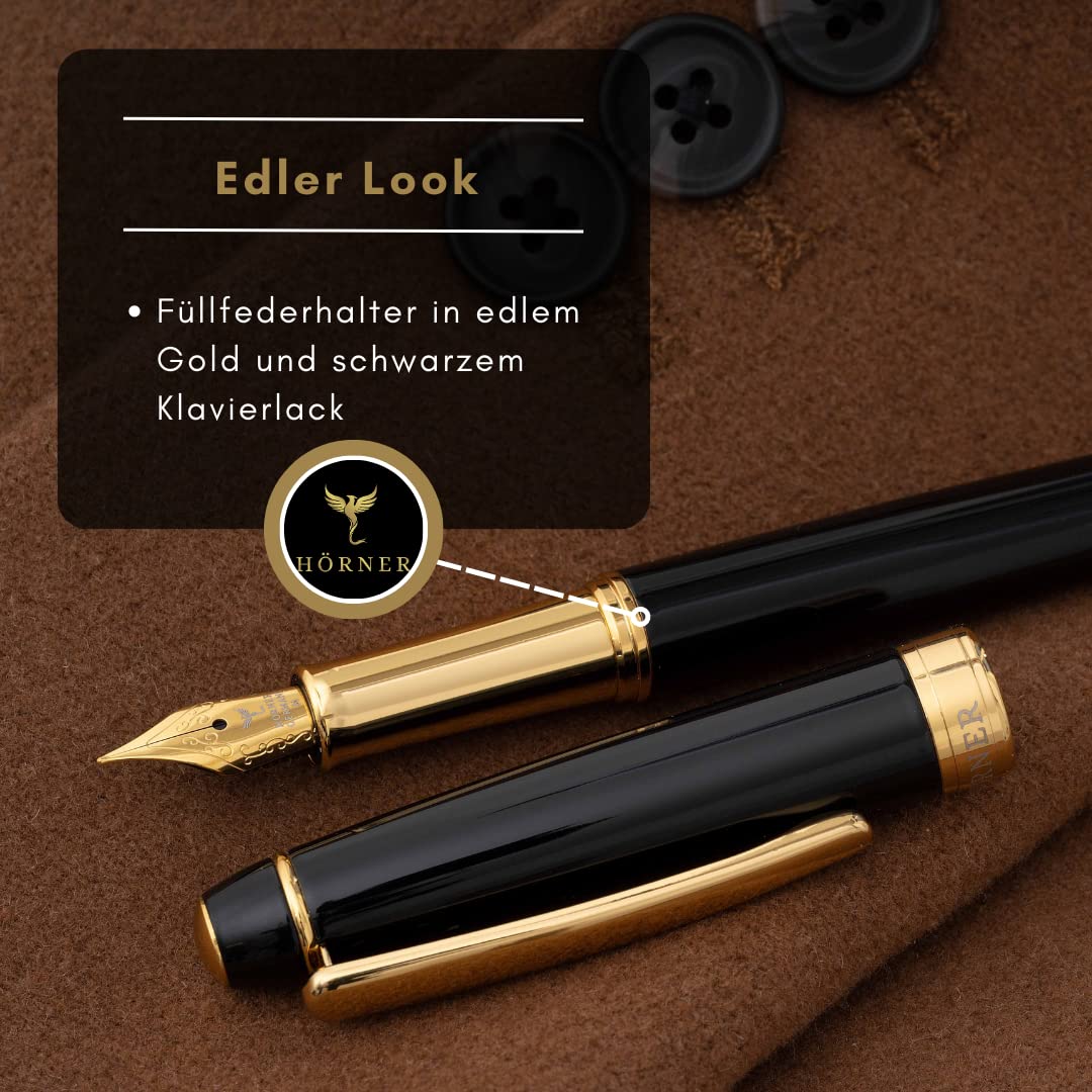 Hörner Nobilis Hochwertiger Füllfederhalter mit Gravur | Füller personalisiert | Klavierlack-Optik schwarz-gold | Messing-Korpus 34 g | Goldlegierte Stahl-Feder M | Geschenkbox