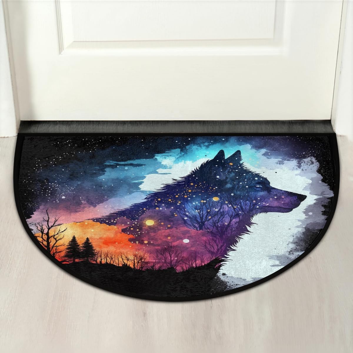Half Round Door Mat Animal Wolf Abstract Colorful Half Moon Rug Washable Half Circle Area Rugs Indoor Entrance Non Slip Semi Circle Bathroom Rugs Floor Carpet for Kithen Bedroom Fireplace Decor