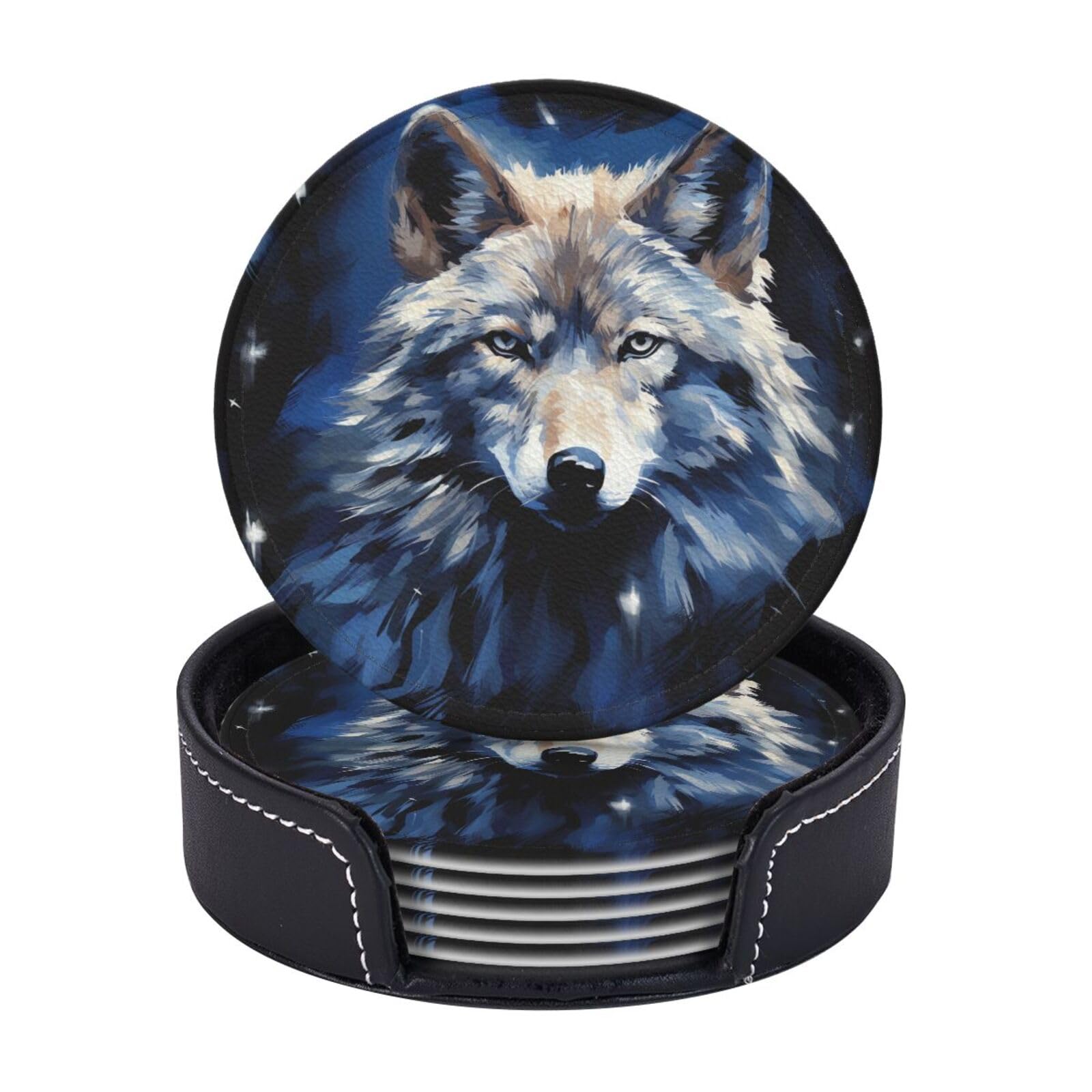 Round Coasters for Drinks Set of 6 - PU Leather Coasters with Holder - Modern Drink Coasters for Coffee Table - Wolf Head Coaster for Tabletop Protection 4" Cup Mat Pad