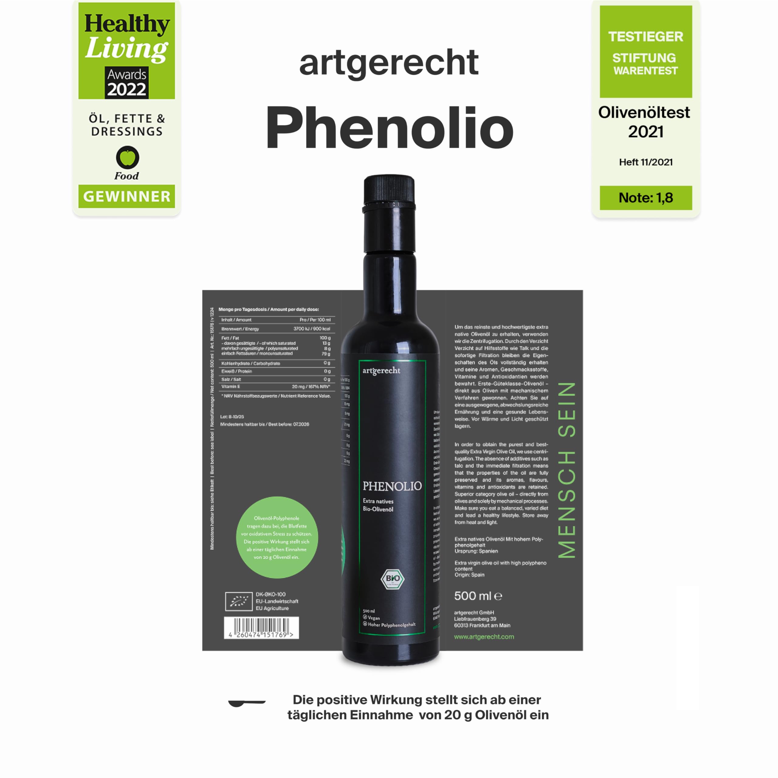 PHENOLIO Extra Natives Bio-Olivenöl 500 ml | Hoher Polyphenolgehalt | Antioxidativer Zellschutz & Herz-Kreislauf-Unterstützung | Kaltgepresst & ungefiltert