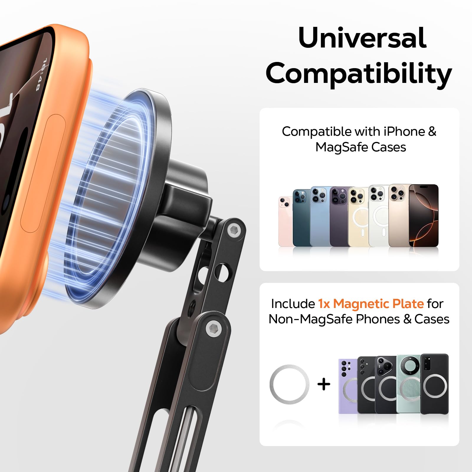 MoKo Supporto Treppiede per Telefono Magsafe, Supporto Magnetico in Metallo con Vite da 1/4", Compatibile con iPhone 17/16/15/14/13/12 Serie, Supporto per Fotocamera, Regolabile & Ruotabile, Nero