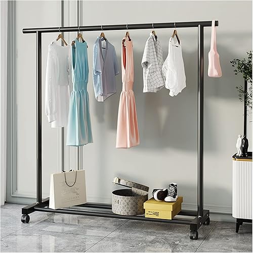 Single Tidy Rails Heavy Duty Metal Garment Rack Freestanding Clothing Hanger Large Bedroom Clothes Stand with Lower Storage Shelf and 4 Wheels 75 kg