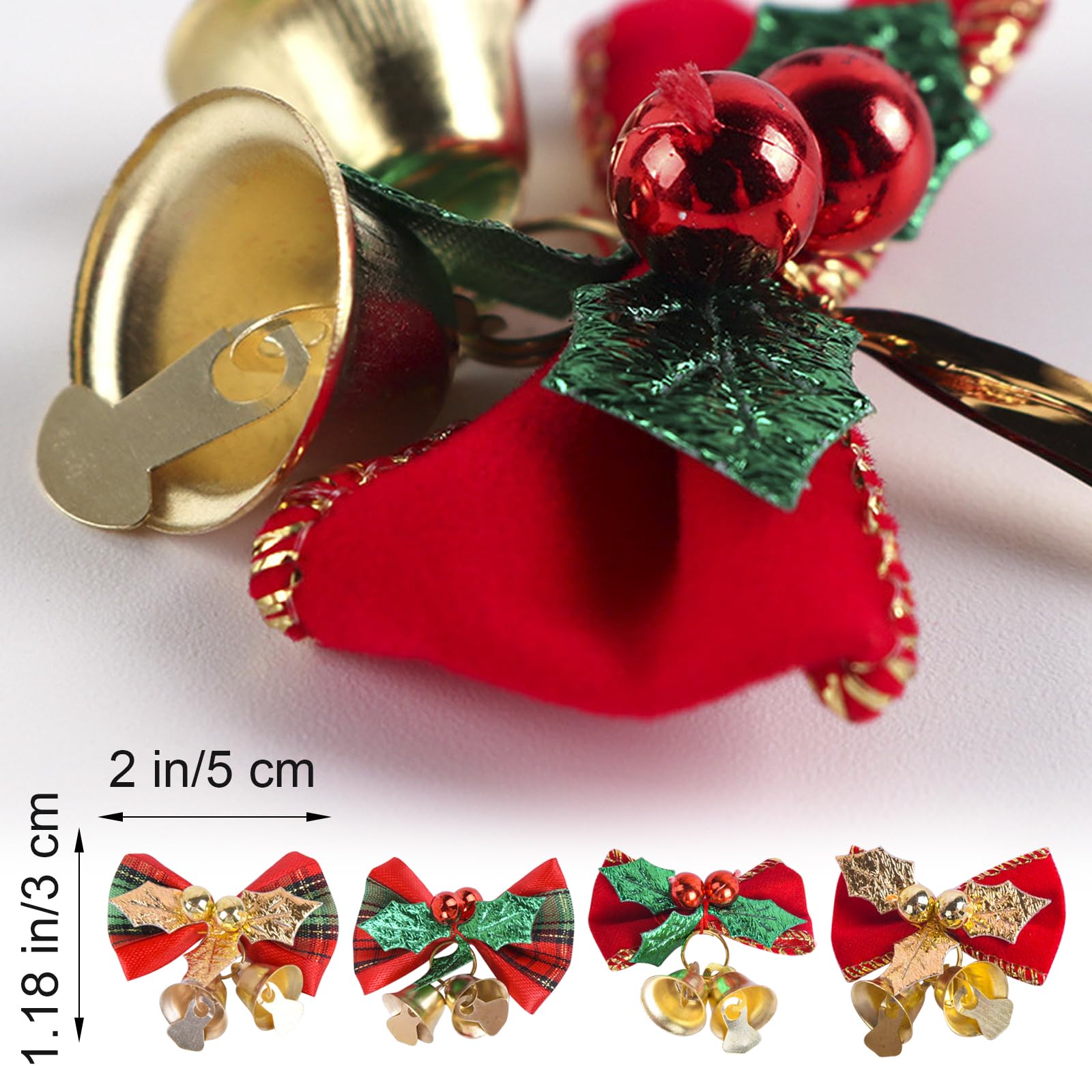 MrMrKura 48 Pcs Mini Bows with Bells, Christmas Ornaments Hanging Bows Bulk for Gift Wrapping for Wreaths Party Birthday Wedding Home Decor