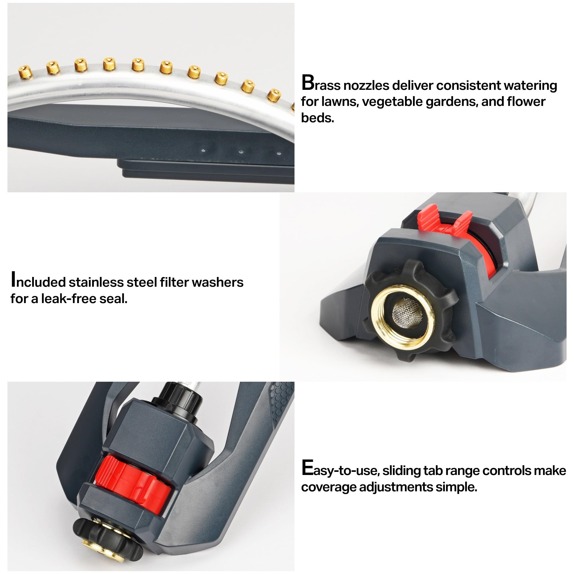 Eden 96217 Irrigatore oscillante Turbo, copre fino a 3.700 piedi quadrati, 18 ugelli in ottone, base ponderata robusta, portata regolabile, pacchetto di connessione rapida, nero, rosso, argento