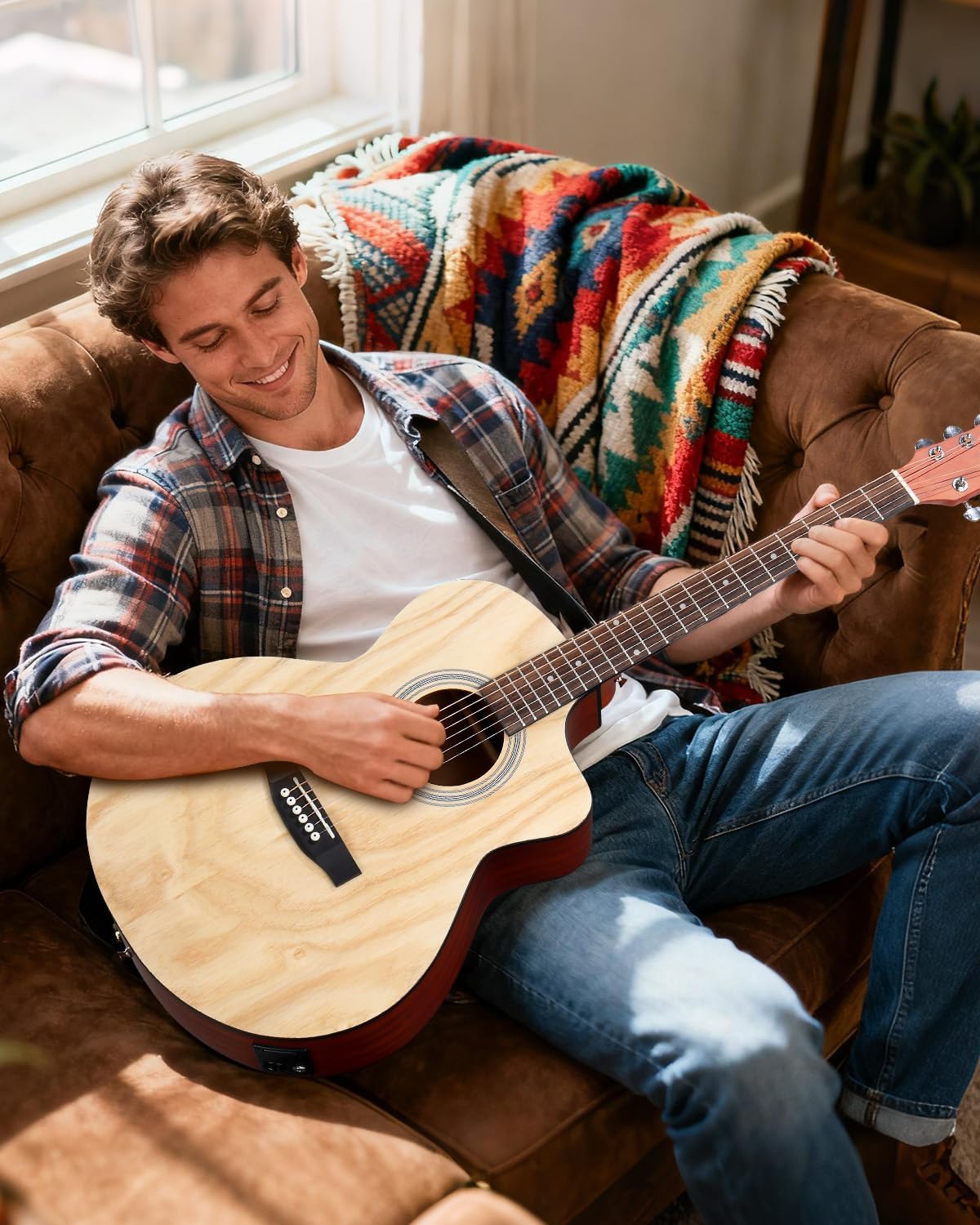 Ktaxon Full Size Acoustic Electric Guitar with 15W Amp, 41 Inch Wood Body Adults Guitars Beginner Kit W/Gig Bag, Strap, Picks & Capo, Natural