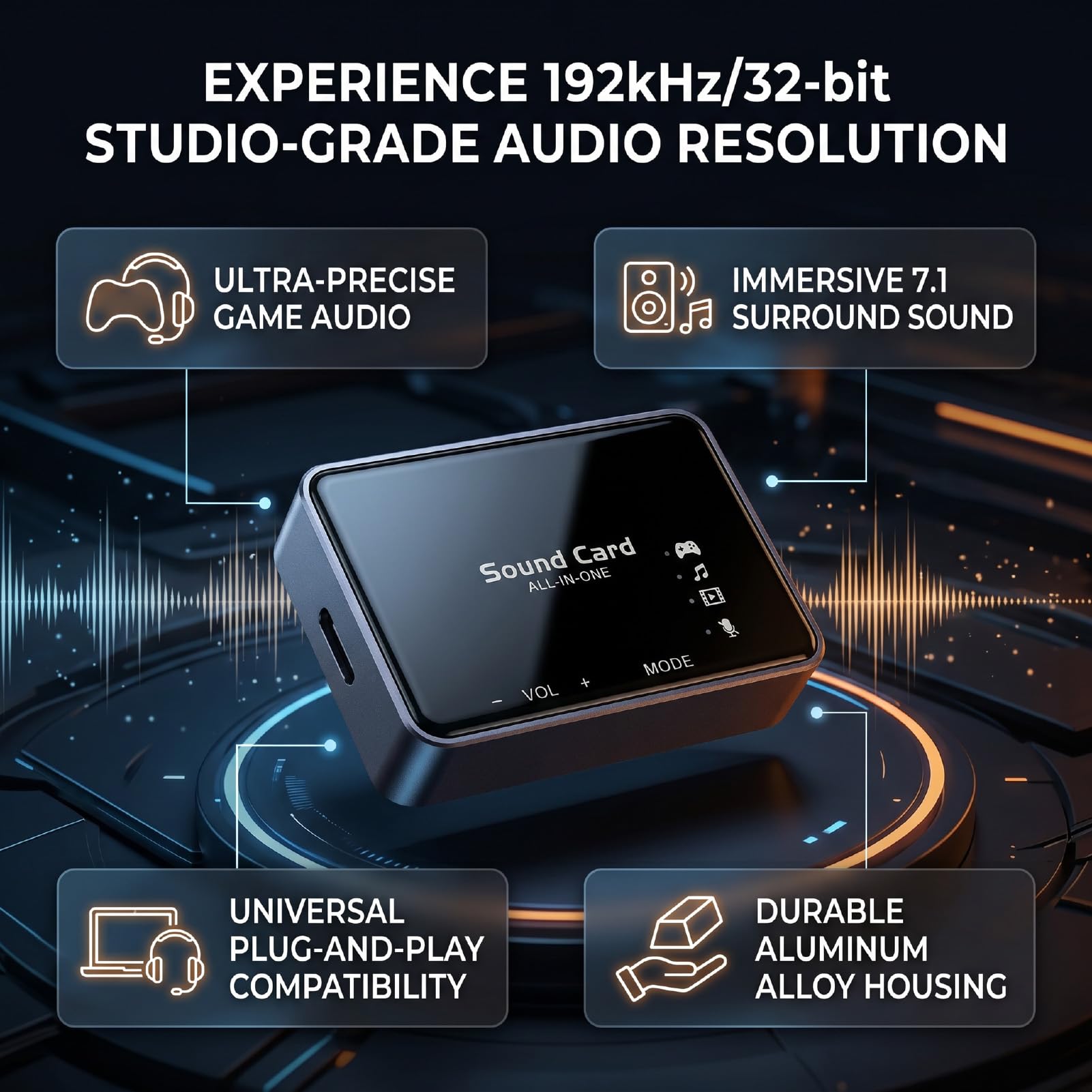 USB-Surround-Soundkarte 192 kHz 32-Bit-DAC, Virtuelle 7.1-Soundkarte für PC-Spiele, Externe USB-A- mit +24 DB Boost, Externer -Adapter aus Aluminiumlegierung für Mac