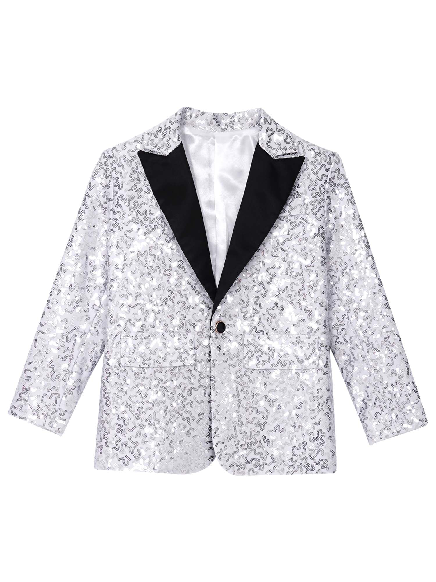 Chaqueta Lentejuelas de Niños Caballero Blazer Vestir de Manga Larga con Botón para Fiesta Actuación Carnaval Navidad 5-14 Años