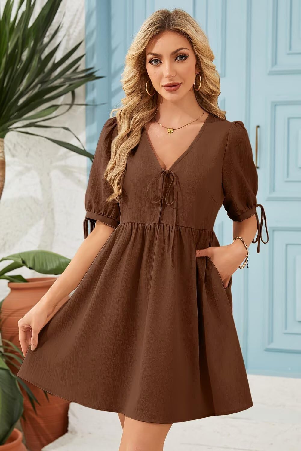 Dokotoo Summer Dresses for Women 2026 Casual V Neck Bow Tie Short Sleeve Empire Waist A-Line Mini Dress