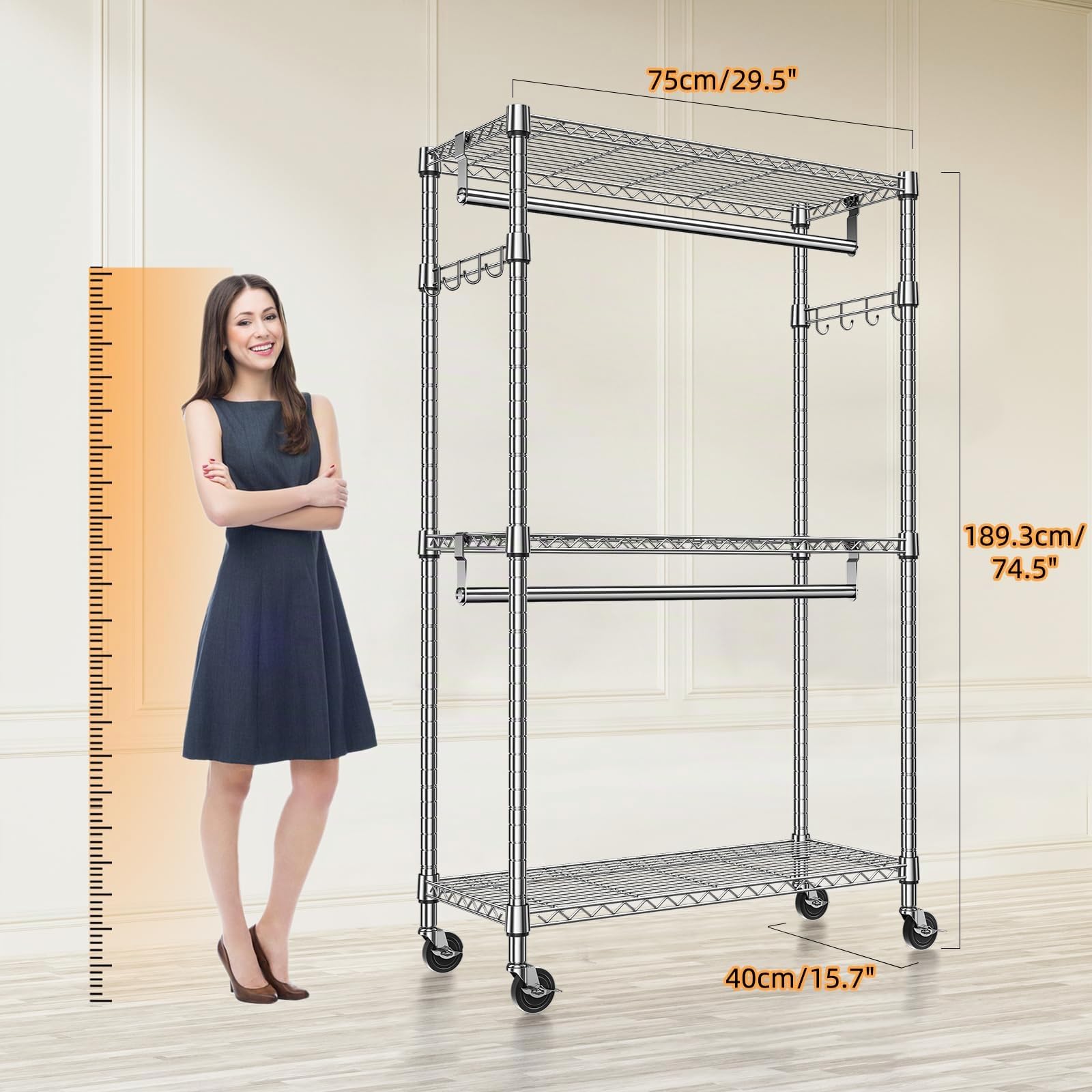 M MZG Robuster rollbarer Kleiderständer mit 3 Ebenen, Verstellbarer Drahtregal, Kleiderständer mit 2 Stangen und seitlichen Haken, Aufbewahrungsschrank Chrom 40 x 75 x 189,3 cm