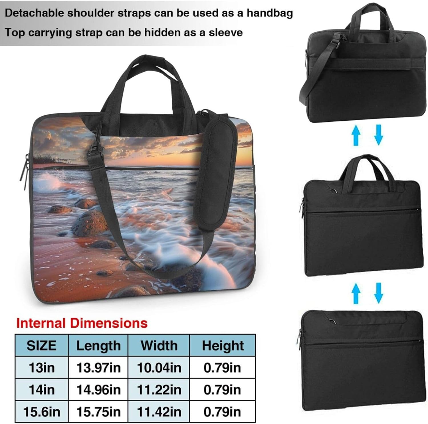 Beach Maui Hawaii Sunset Sea Waves Clouds Printed Laptop Bag, Three Layer Protection Shockproof Crossbody Laptop Shoulder Bag for Men and Women, black, 14 inch