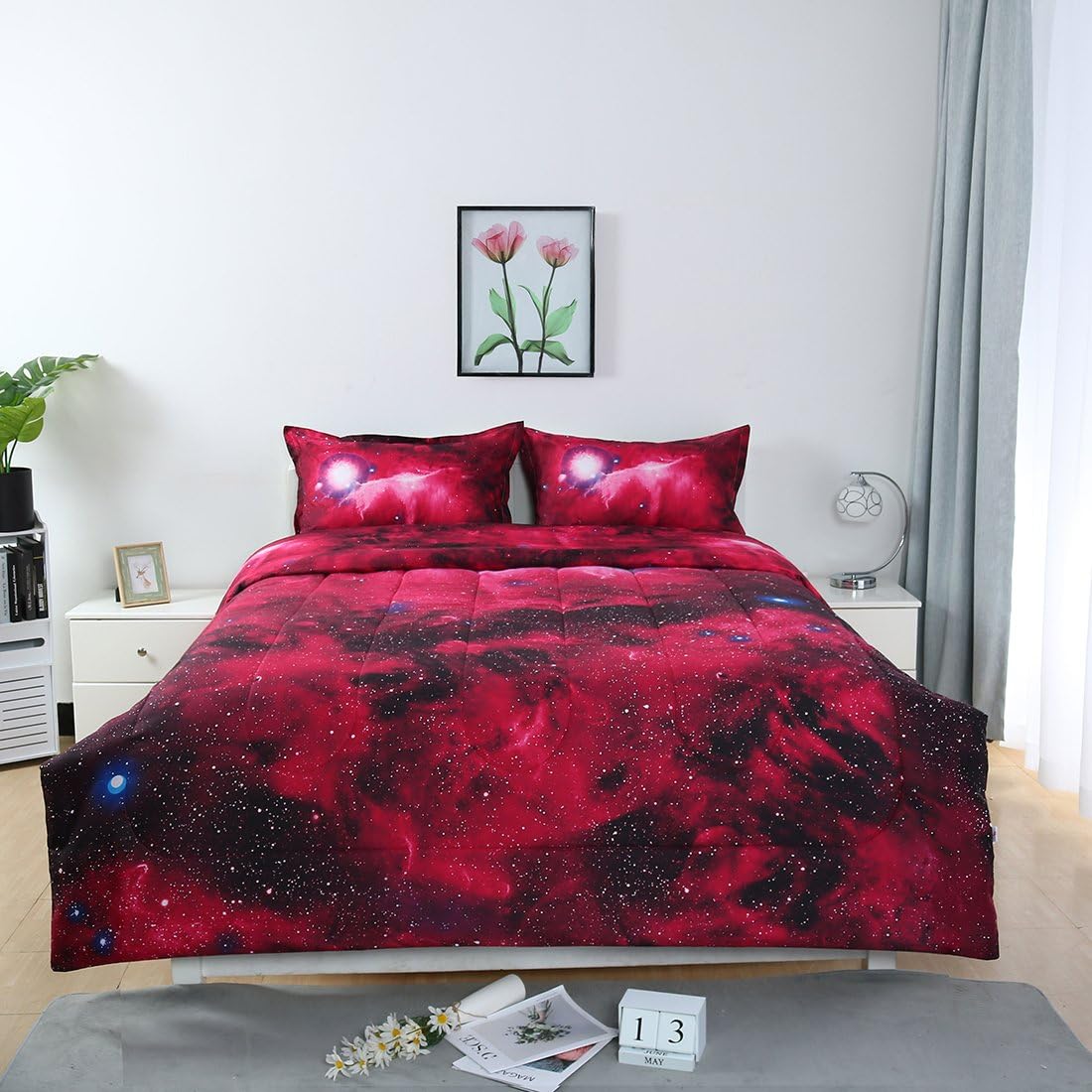 uxcell Full/Queen Size Galaxies Red Comforter Sets - 3D Outer Space Themed Bedding - All-Season Down Quilted Duvet - Reversible Design- Includes 1 Comforter, 2 Pillow Cases