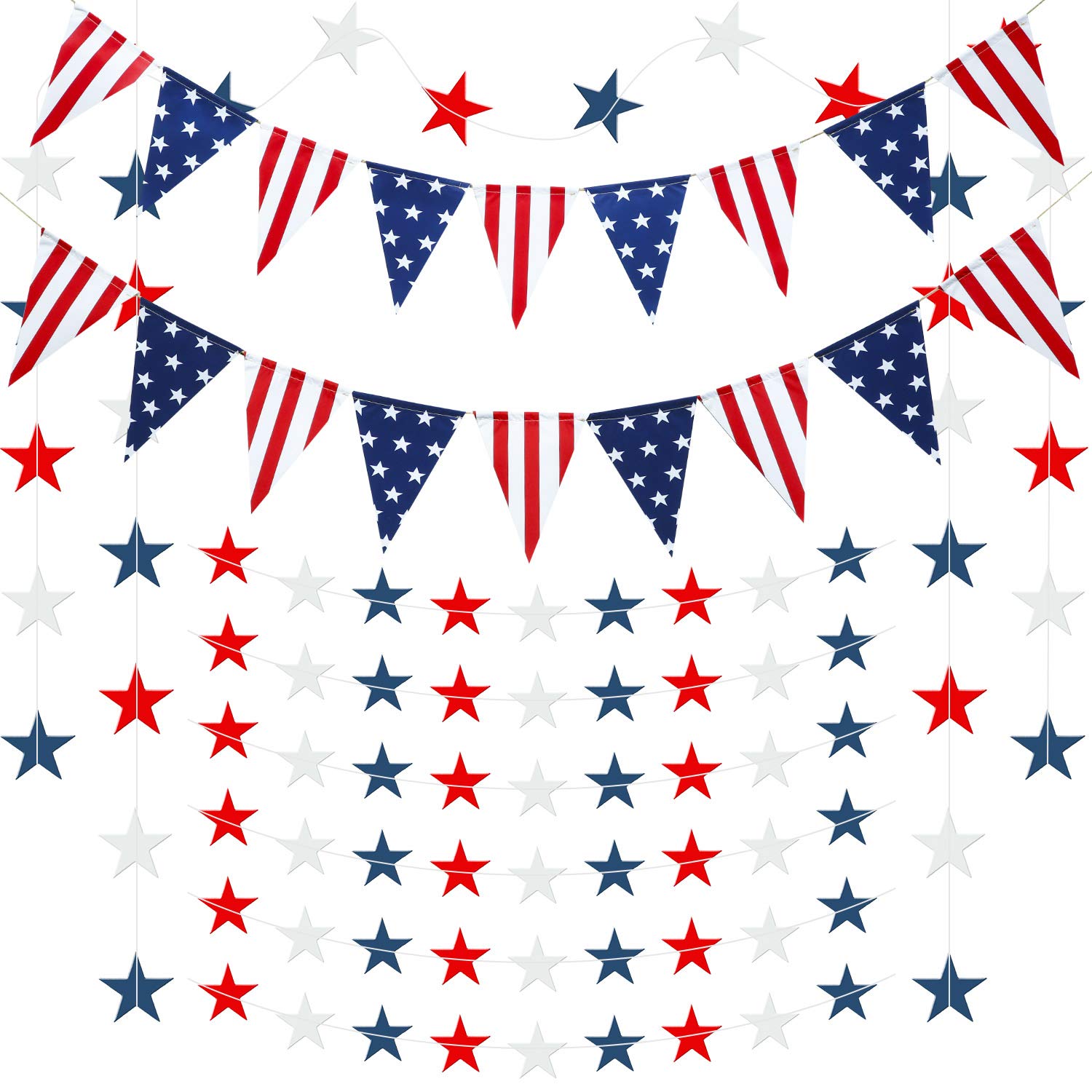 Photo 1 of 10 Packs Patriotic Party Banner Garland Decoration Set, Includes 8 Patriotic Red White Blue Star Streamers, 2 USA Triangle Flag Pennant Banner for Fourth of July America Independence Day Theme Party