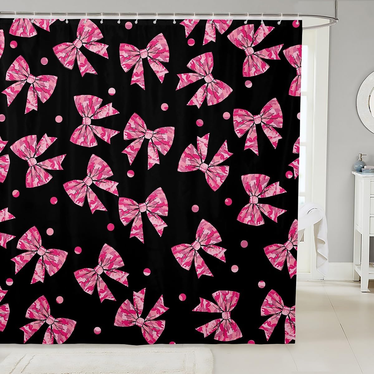 Feelyou Watercolor Bow Bath Curtain Cute Bowknot Shower Curtain Green Coquette Bows Bathroom Shower Curtain Set for Women Men Camo Bow Kids Bathroom Accessories 72"x78"